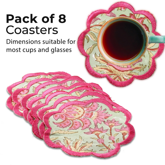 Pack of 8 floral coasters with a cup of tea on one coaster, on a white background.
