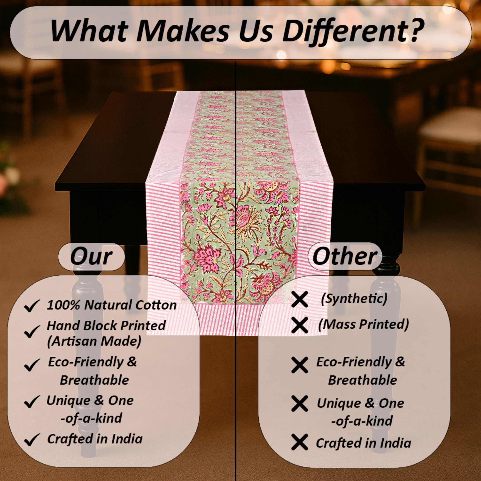 Table runner with floral design on a table, comparing 100% natural cotton to synthetic materials.