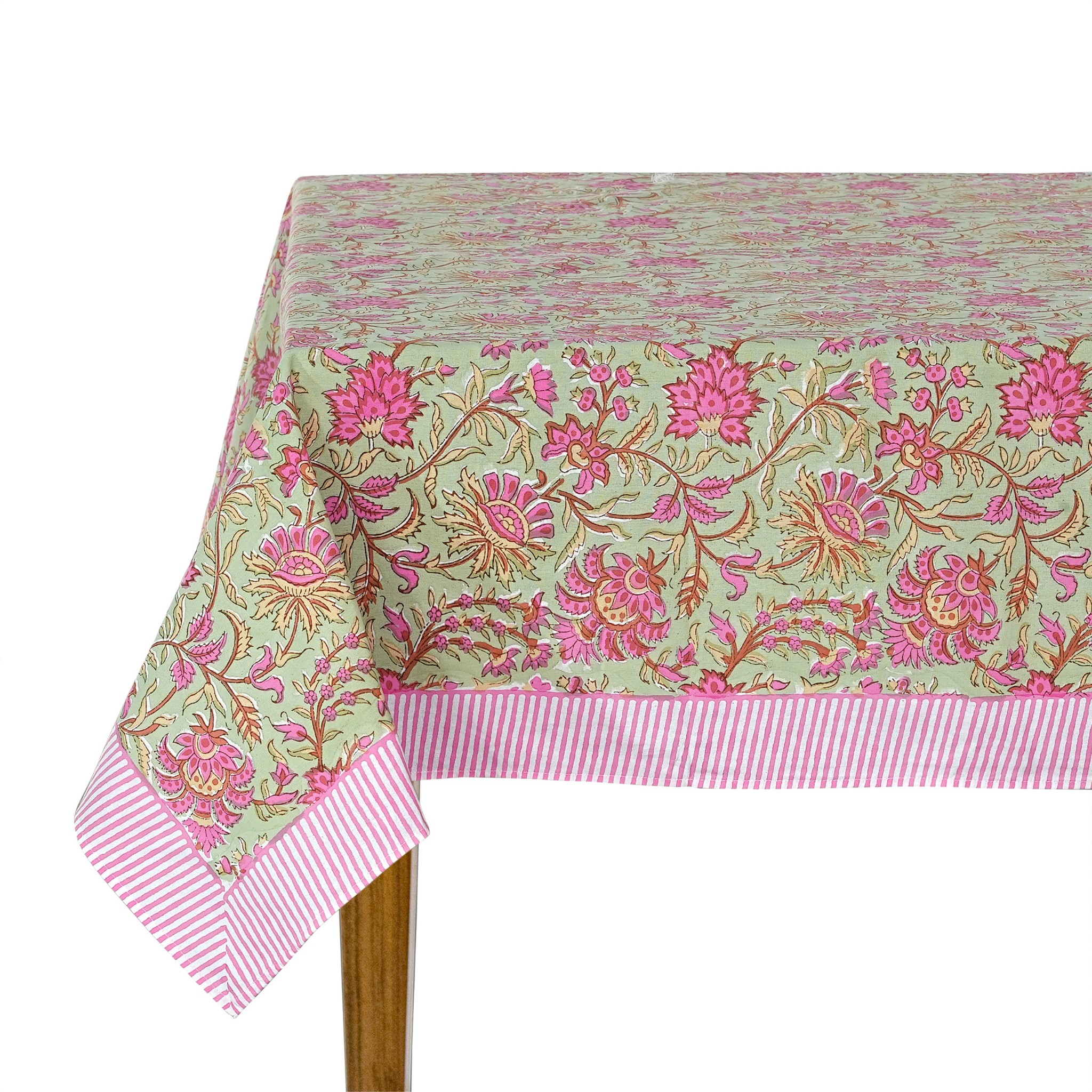 Floral patterned tablecloth with pink and green design on a white background