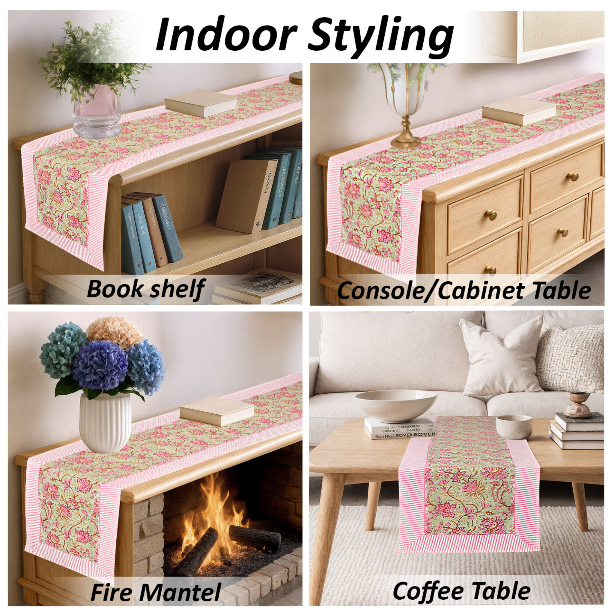 Floral table runner displayed on various furniture pieces with text 'Indoor Styling'.