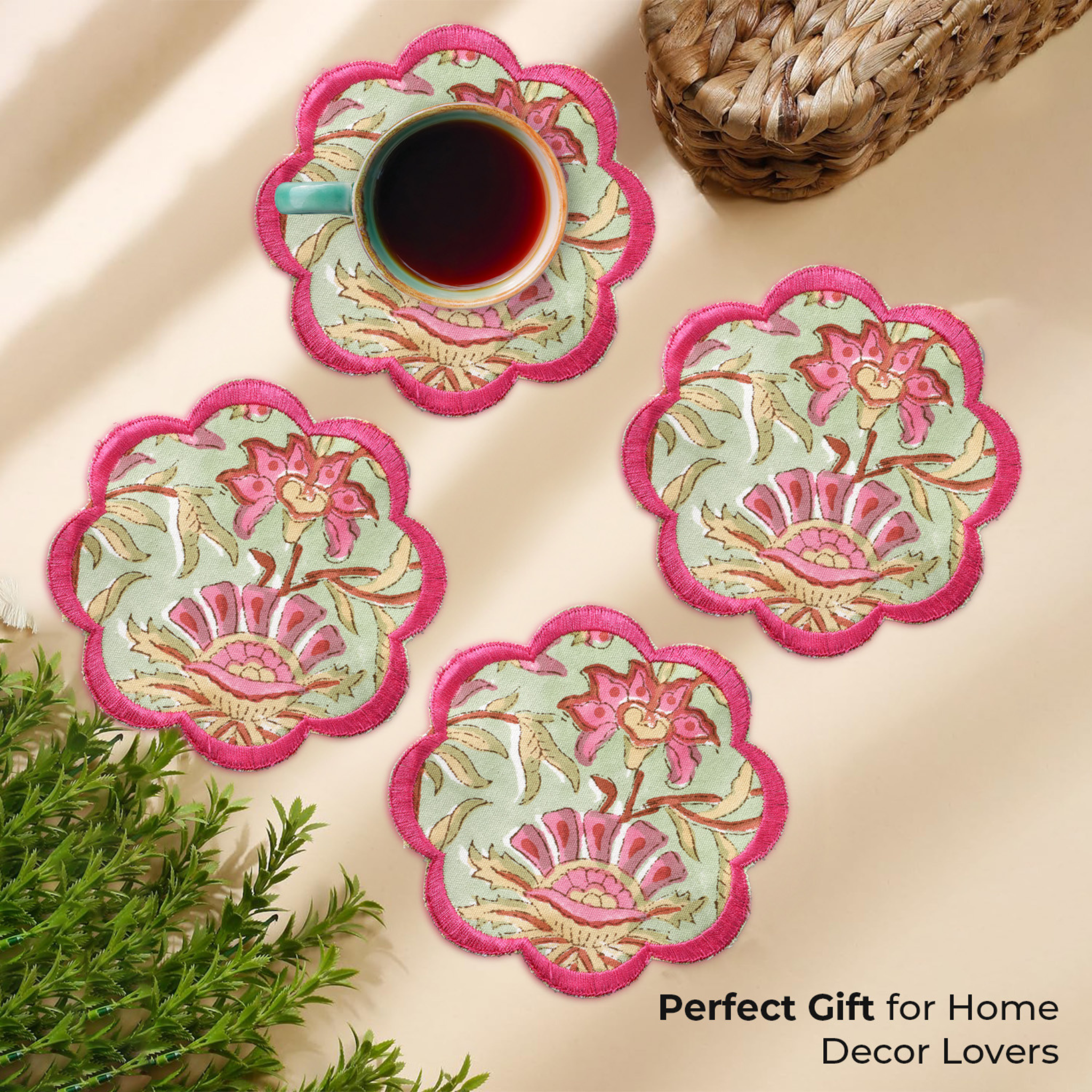 Set of floral coasters with a cup of tea on a beige surface, accompanied by text 'Perfect Gift for Home Decor Lovers'.