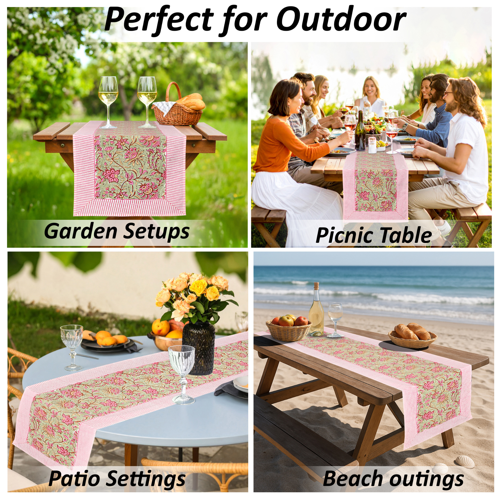 Floral tablecloth used in various outdoor settings including garden, picnic, patio, and beach.