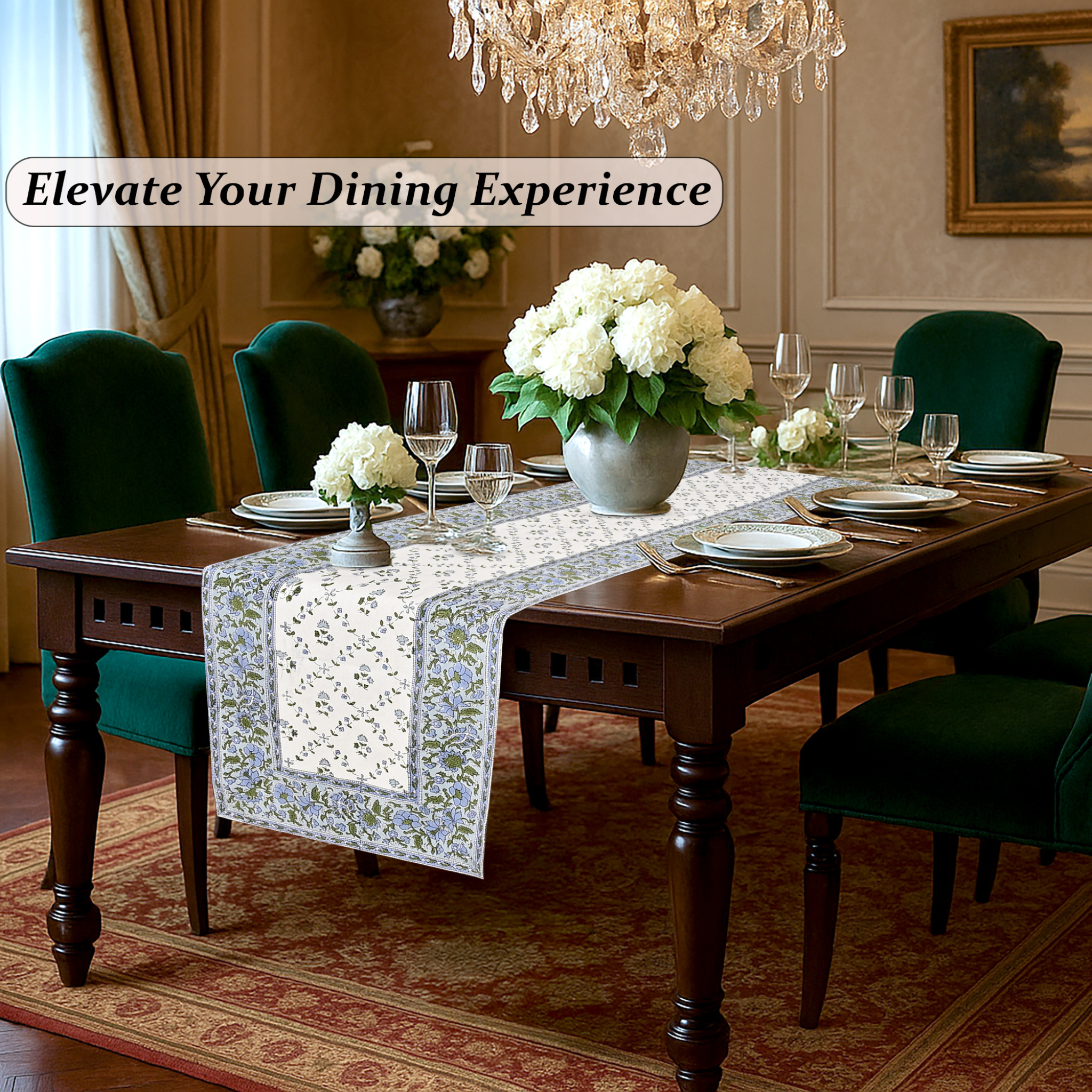 Dining room with a table set for a meal, flowers, and elegant decor.