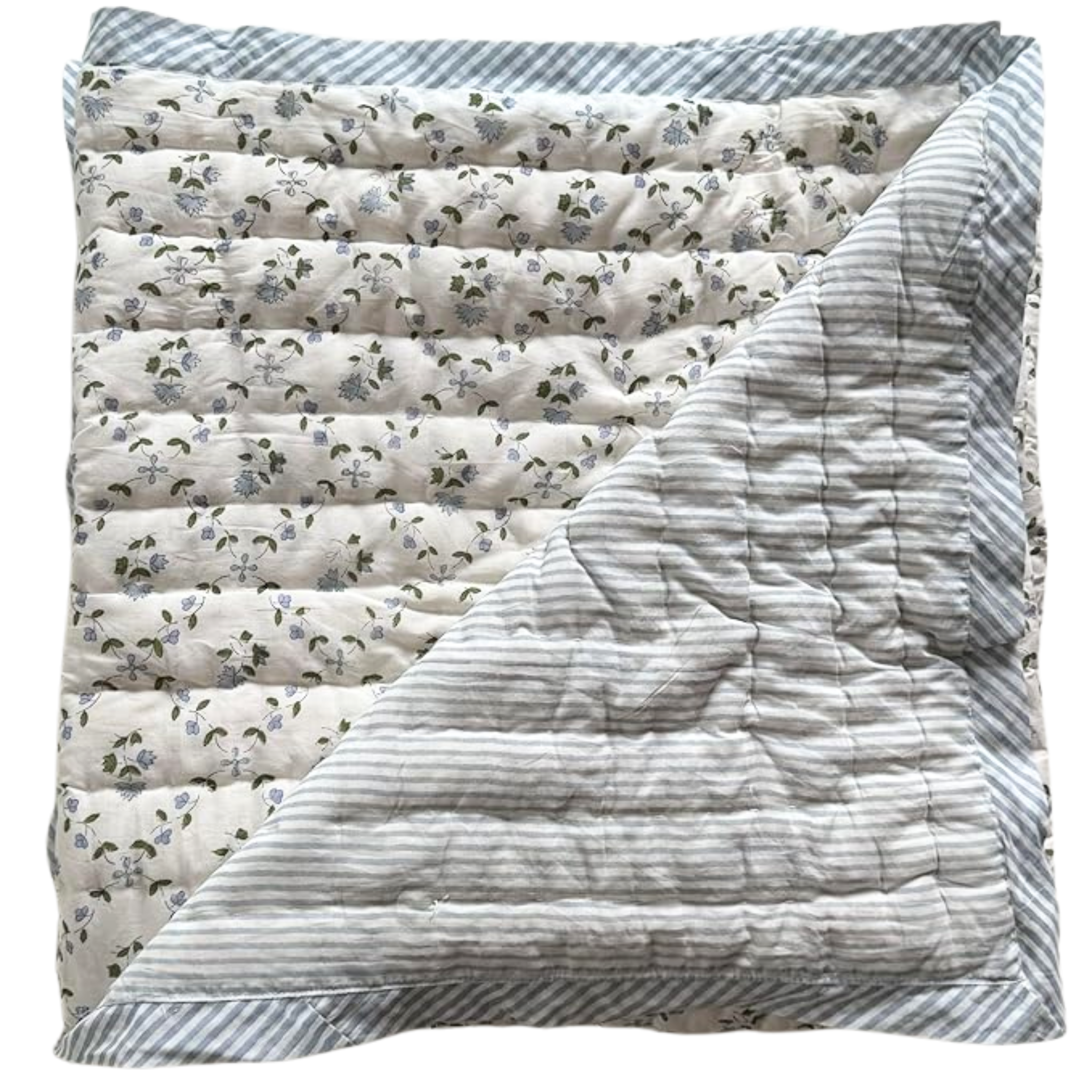 Folded quilt with floral and striped patterns on a white background