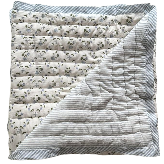 Folded quilt with floral and striped patterns on a white background