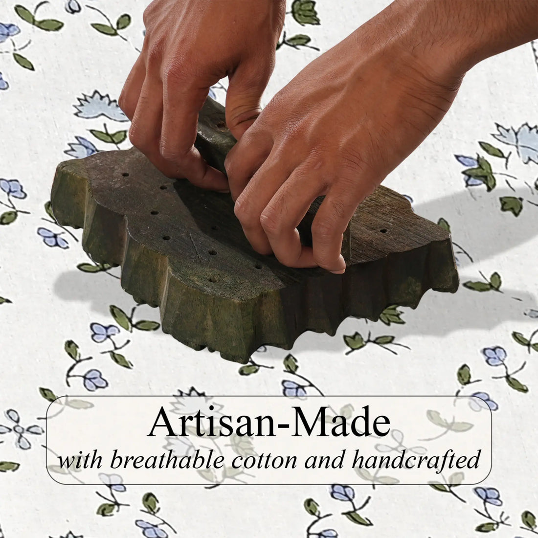 Hands working with a green woven product on a floral-patterned background, with text 'Artisan-Made with breathable cotton and handcrafted'.