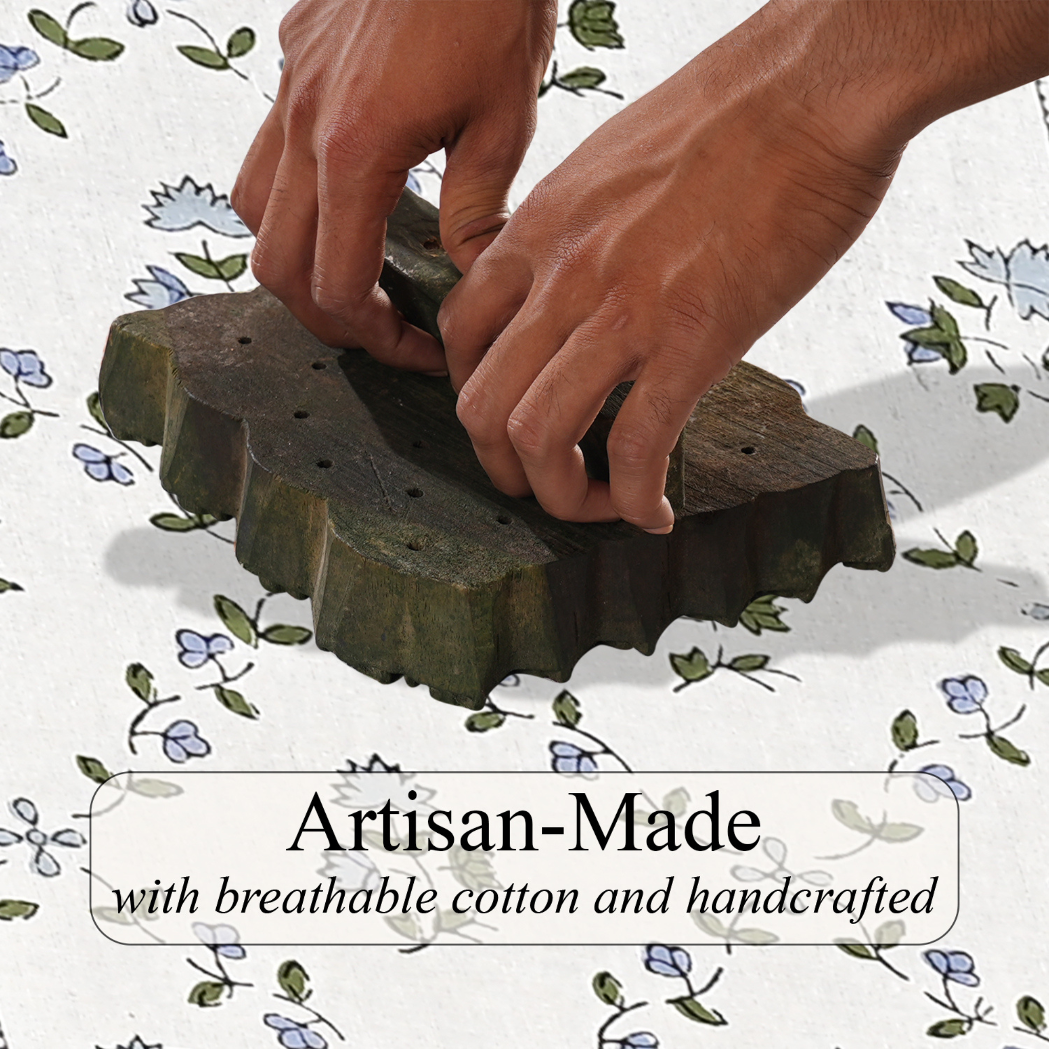 Hands working with a green woven product on a floral-patterned background, with text 'Artisan-Made with breathable cotton and handcrafted'.