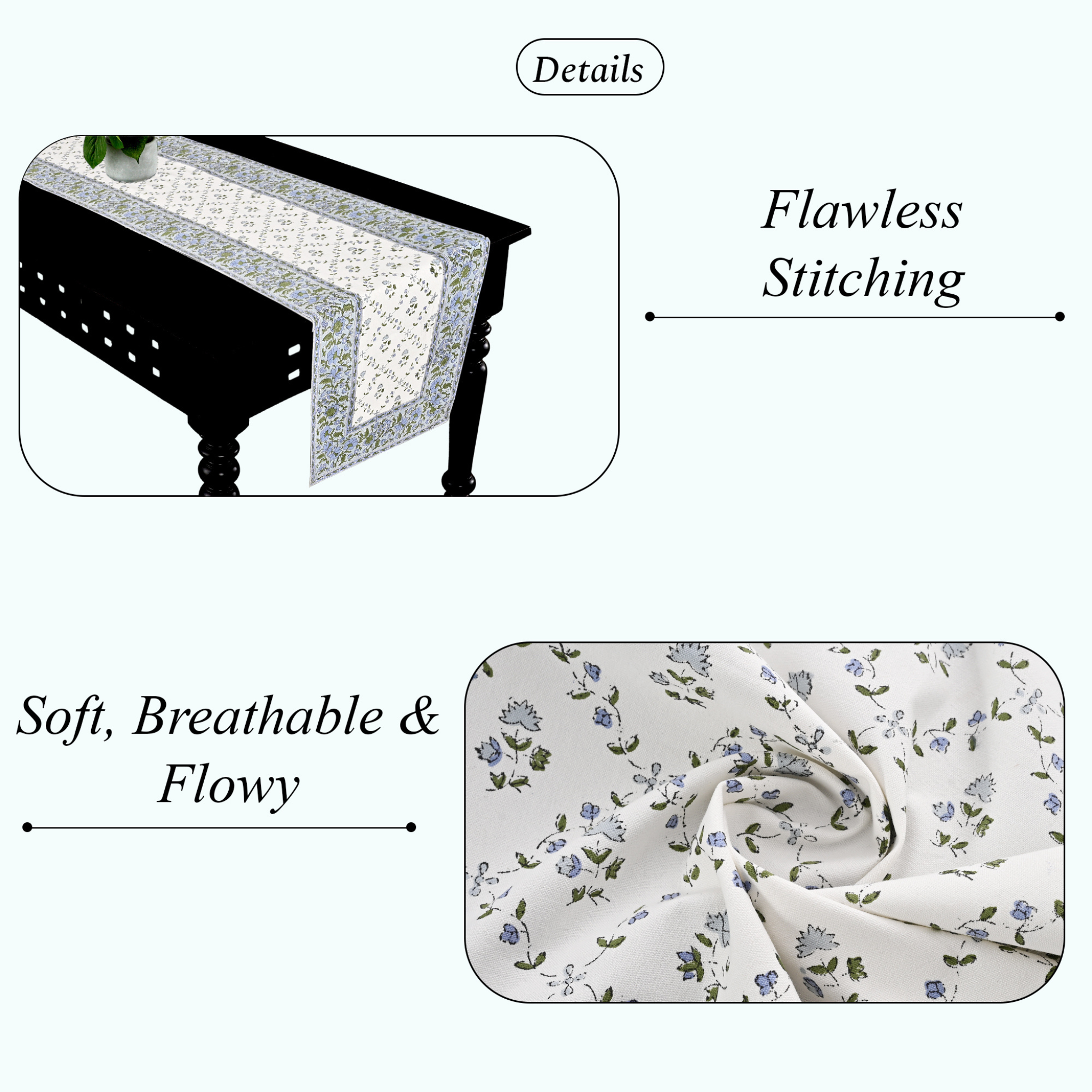 Tablecloth with floral pattern and text highlighting 'Flawless Stitching' and 'Soft, Breathable & Flowy'.