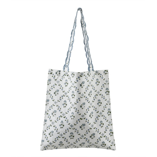 Floral-patterned tote bag on a white background