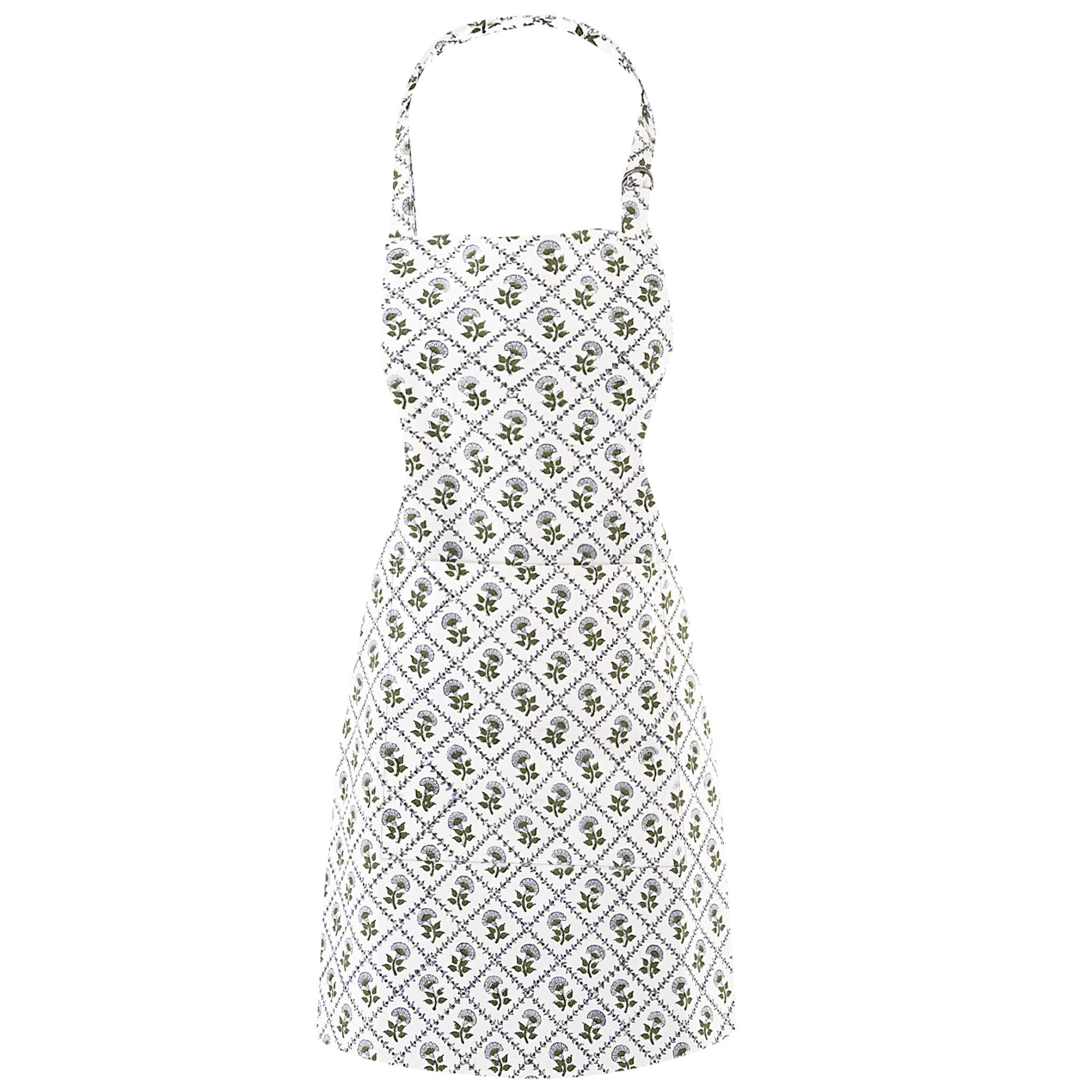 White dress with green floral pattern on a white background