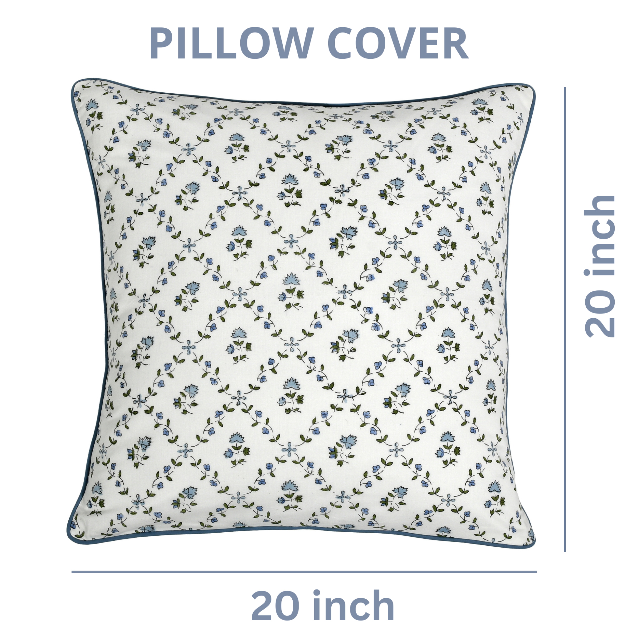 Floral patterned pillow cover with dimensions on a white background