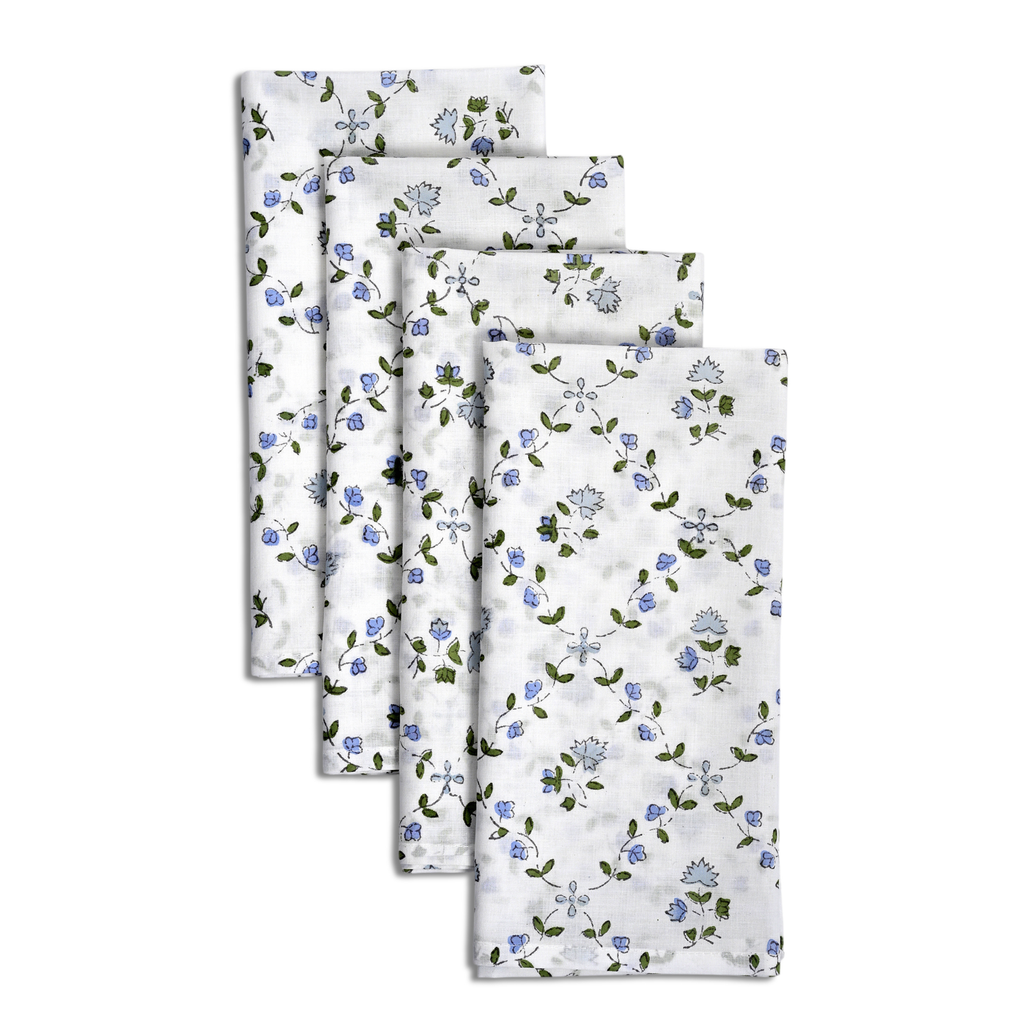 Set of four floral-patterned towels on a white background