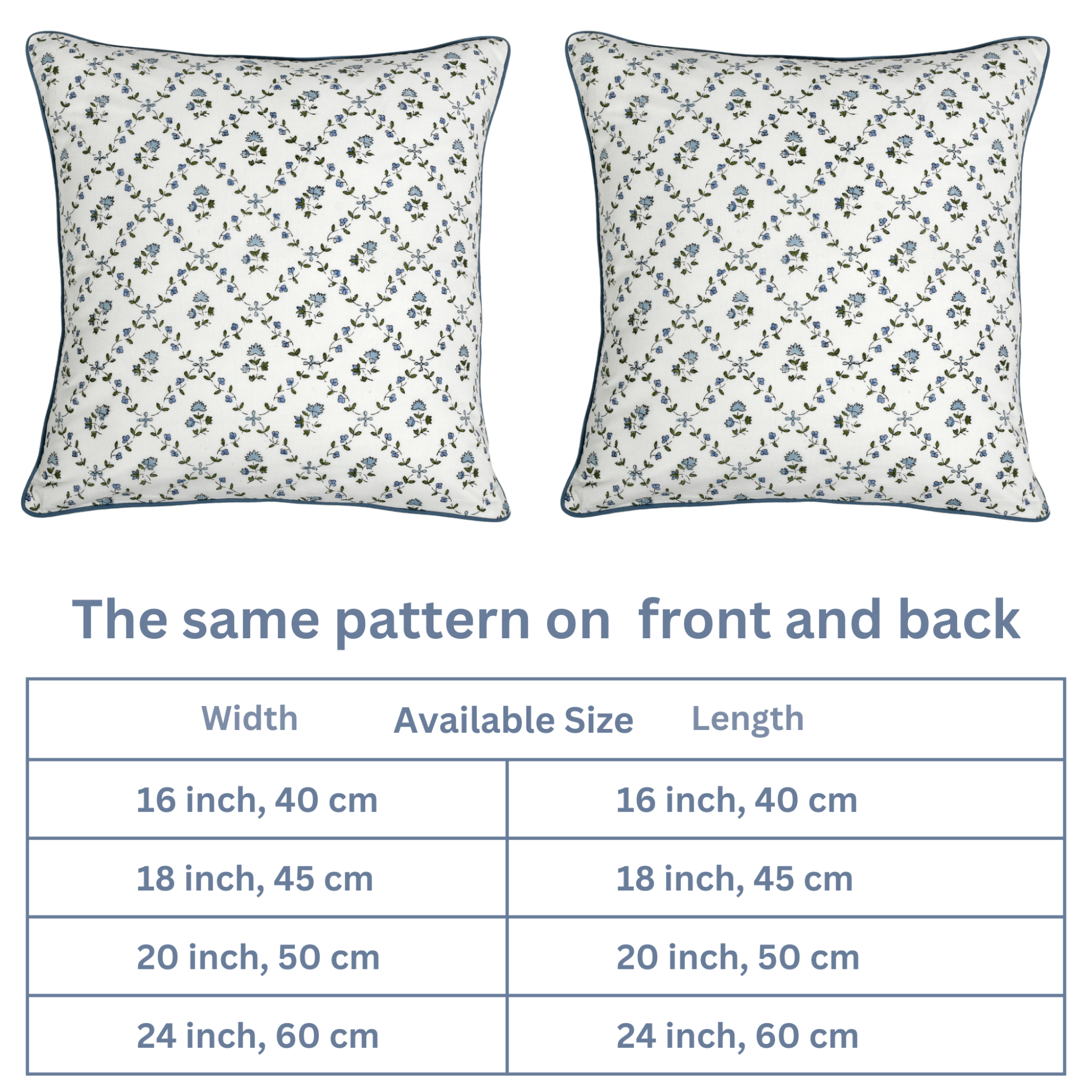 Two floral-patterned pillows with a size chart below on a white background