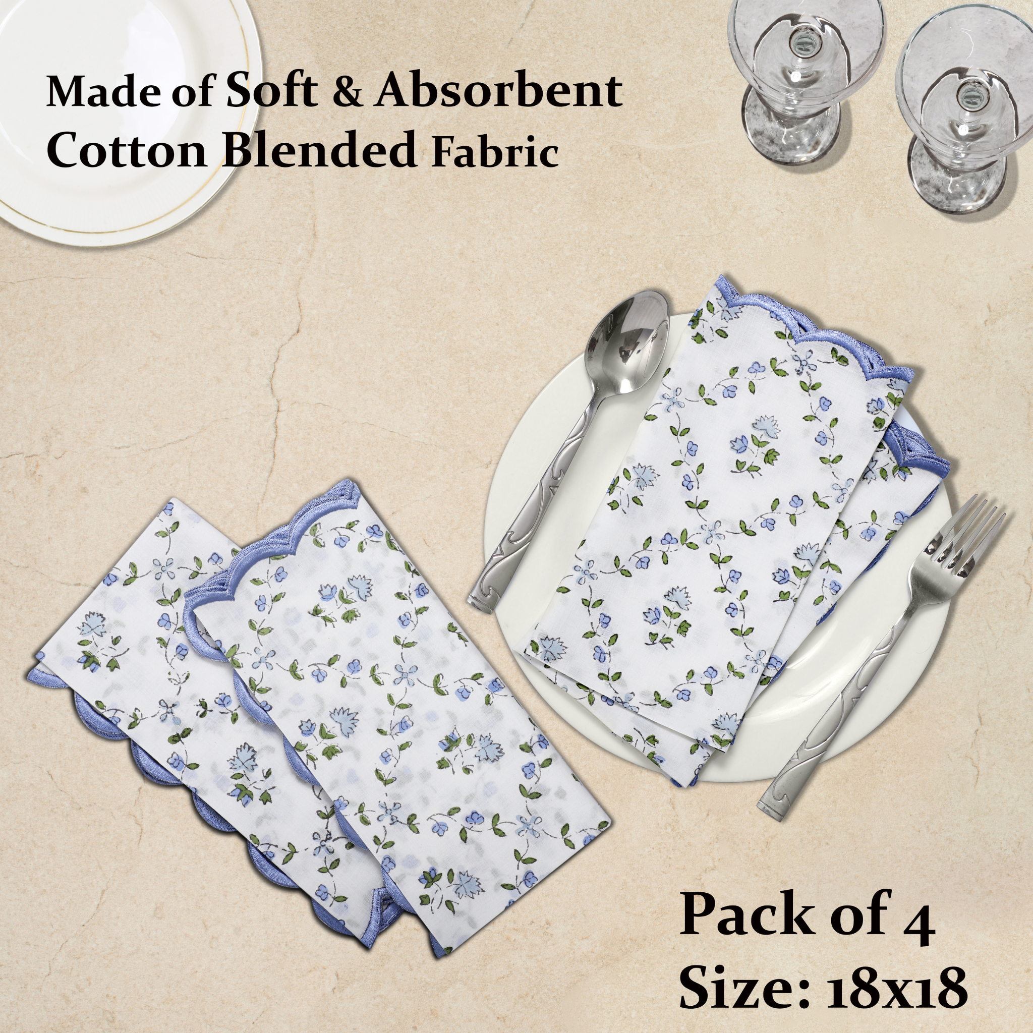 Set of floral-patterned napkins on a beige surface with cutlery.
