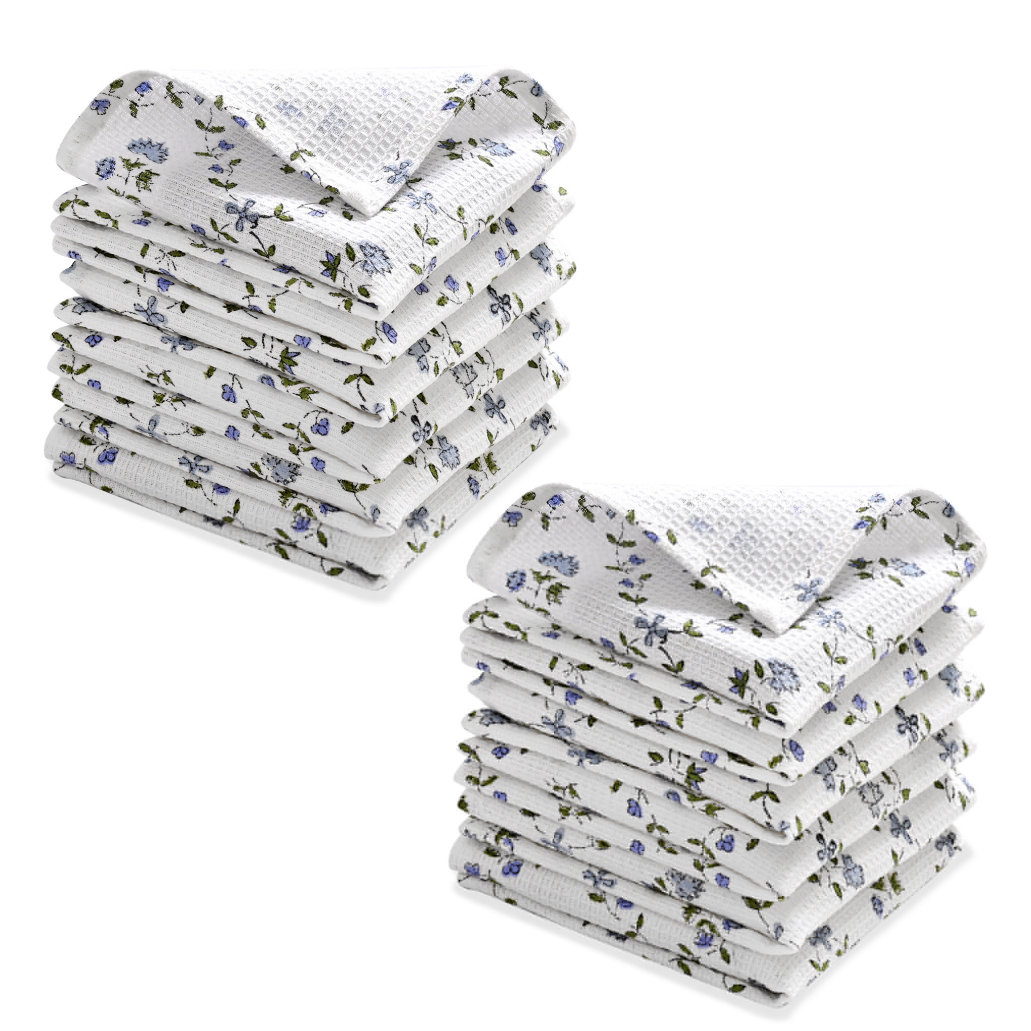 Stack of floral-patterned towels on a white background