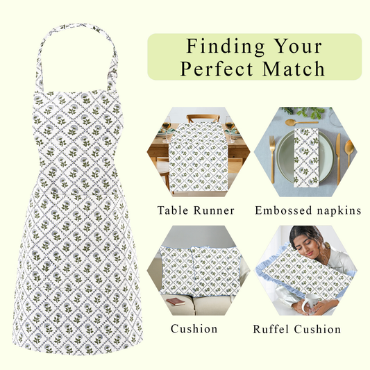 Product display with table runner, embossed napkins, cushion, and ruffel cushion on a white background.