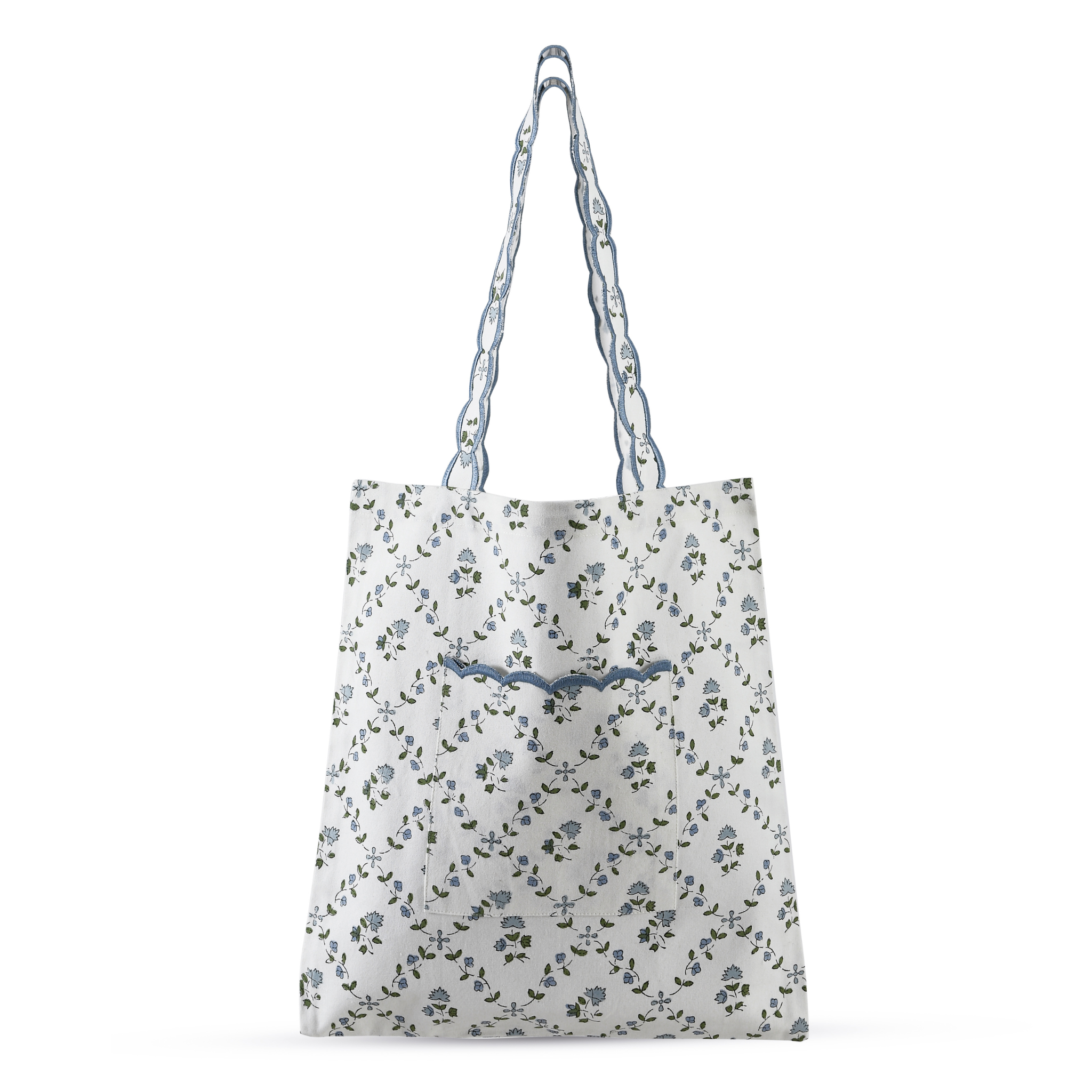 Floral-patterned tote bag with a blue handle on a white background