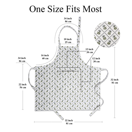 Measurement chart of a floral apron and matching oven mitt on a white background