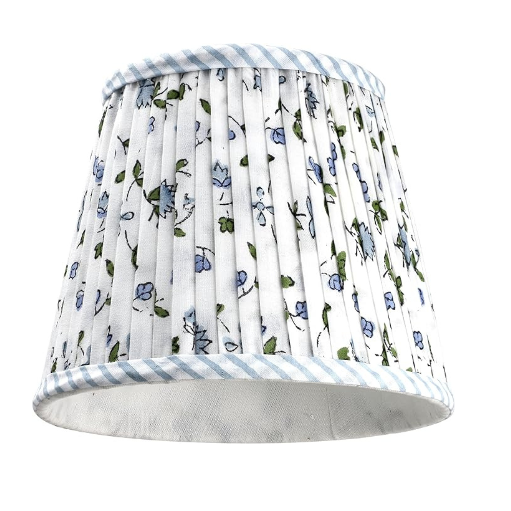 Floral patterned lampshade with blue stripes on a white background