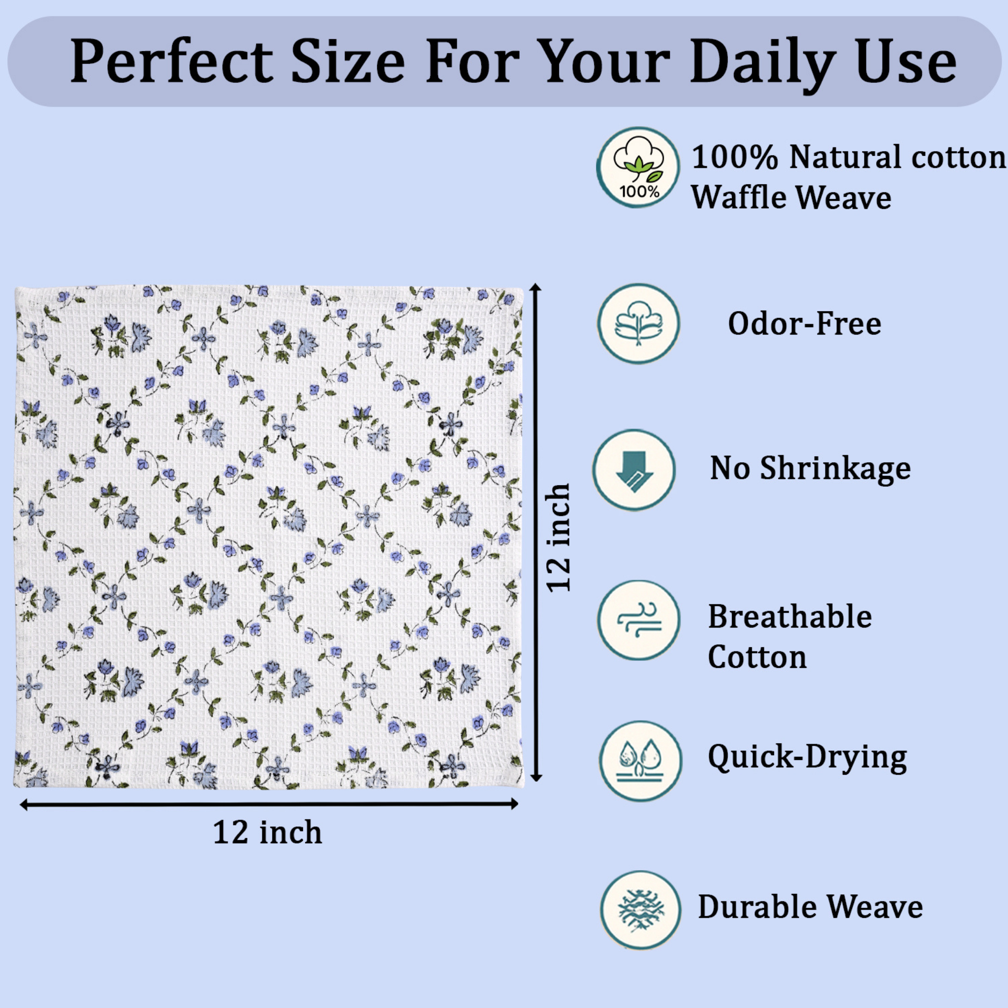 Floral-patterned fabric with product features on a light blue background