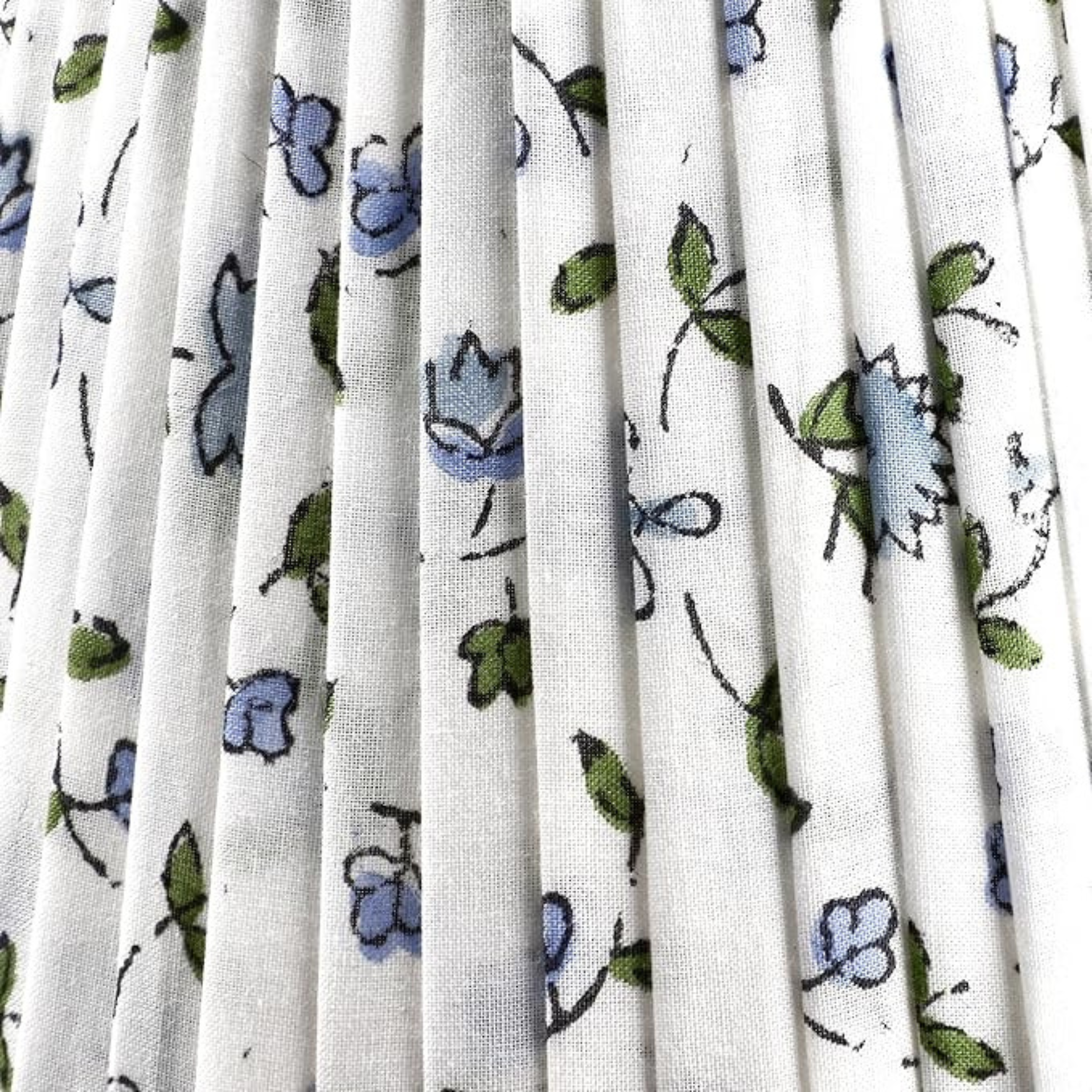 Close-up of white fabric with blue and green floral pattern