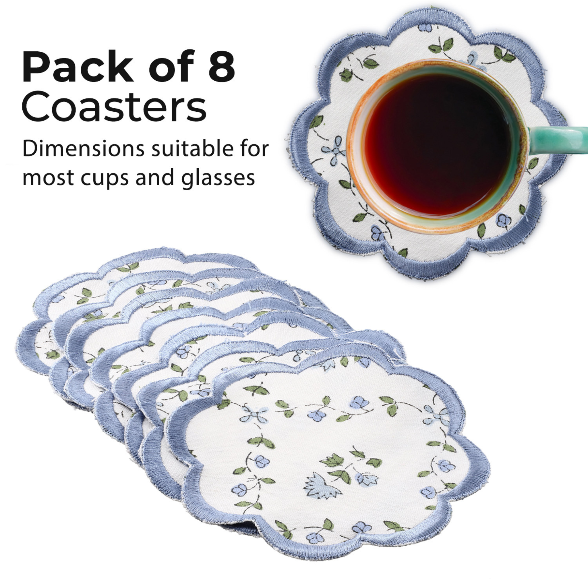Pack of 8 floral coasters with a cup of tea on one coaster.