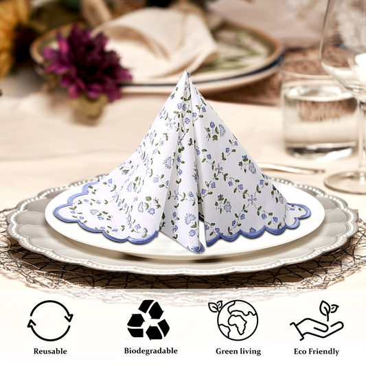 Floral-patterned folded napkin on a plate with eco-friendly icons below