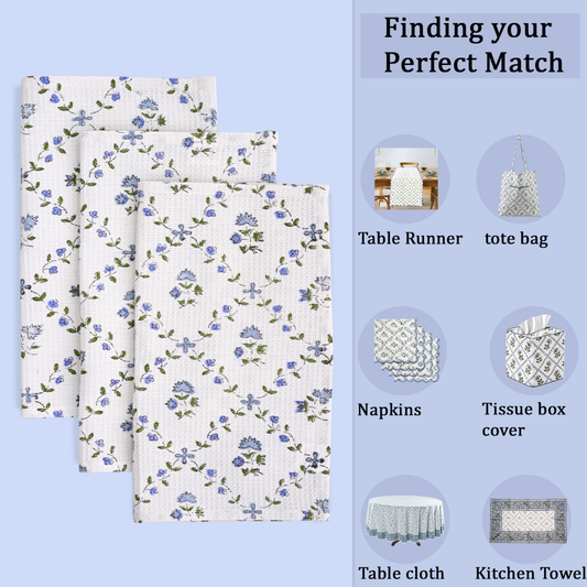 Set of floral-patterned towels with product suggestions on a blue background