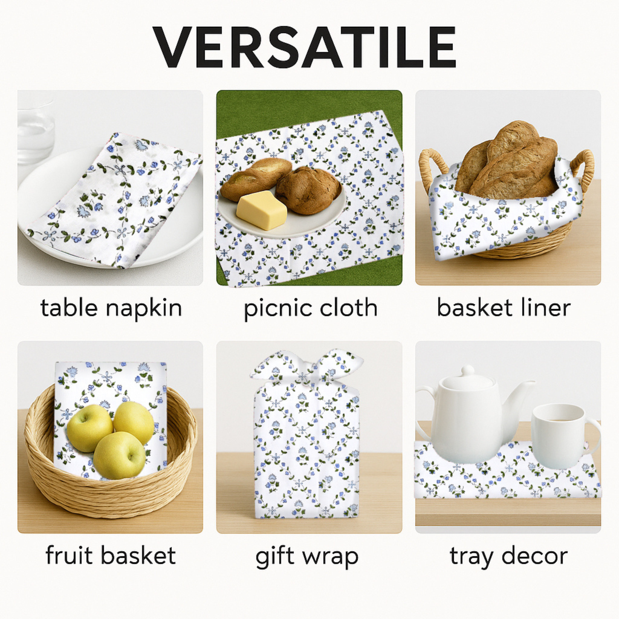 Versatile use of floral-patterned table napkins, picnic cloth, basket liner, fruit basket, gift wrap, and tray decor.