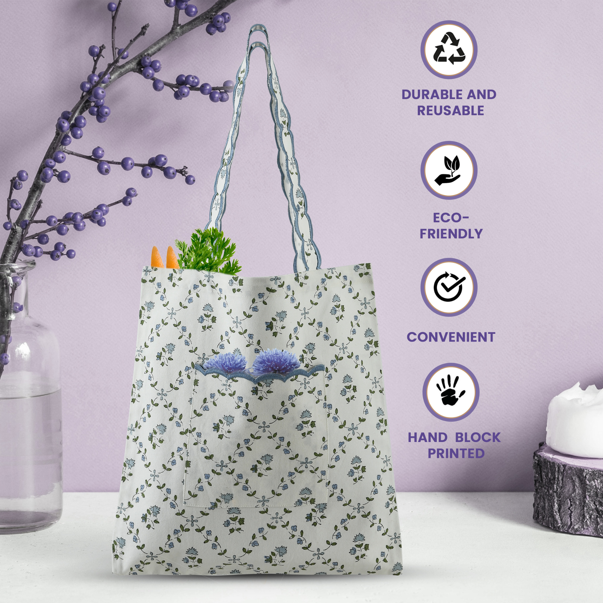 Floral tote bag with plants on a white surface and purple background, featuring eco-friendly icons.