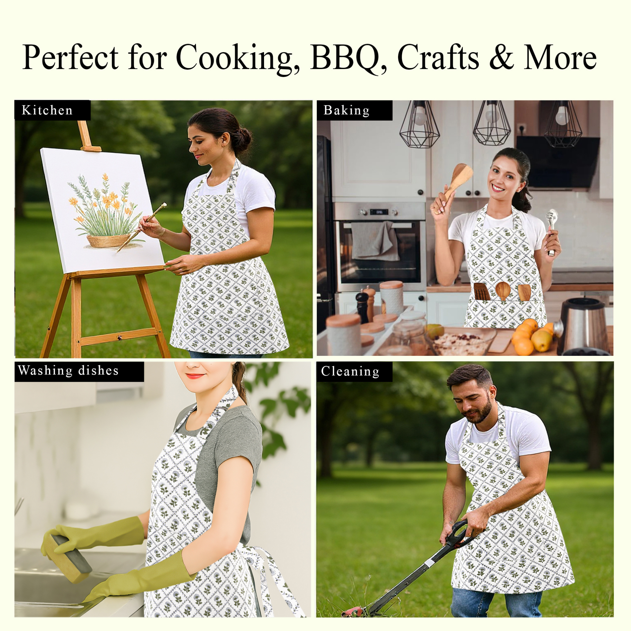 Collage of people wearing aprons in various activities with text 'Perfect for Cooking, BBQ, Crafts & More'.