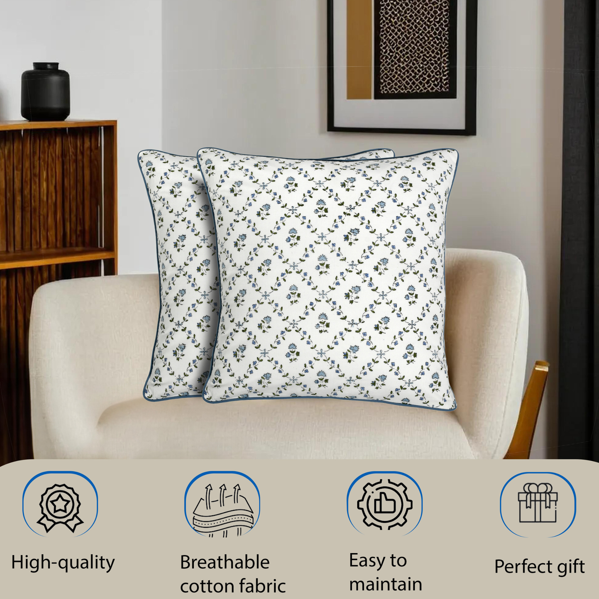 Two floral-patterned pillows on a beige armchair with product features displayed below.