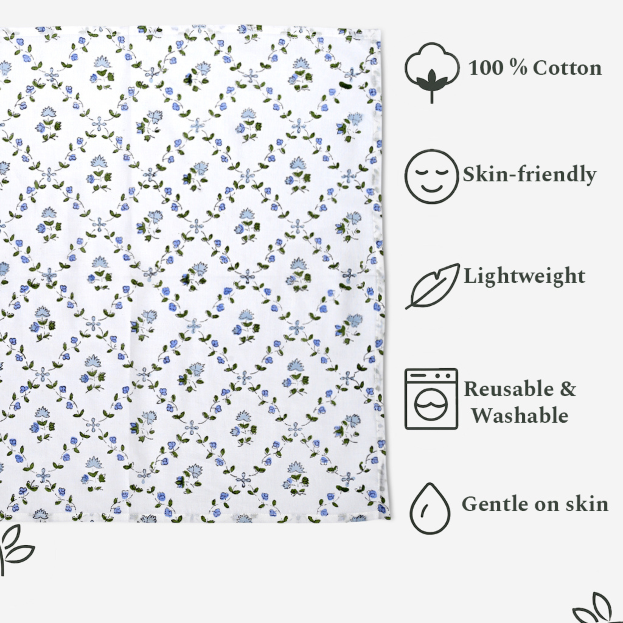 Floral-patterned fabric with text highlighting features like 100% cotton, skin-friendly, lightweight, reusable, washable, and gentle on skin.