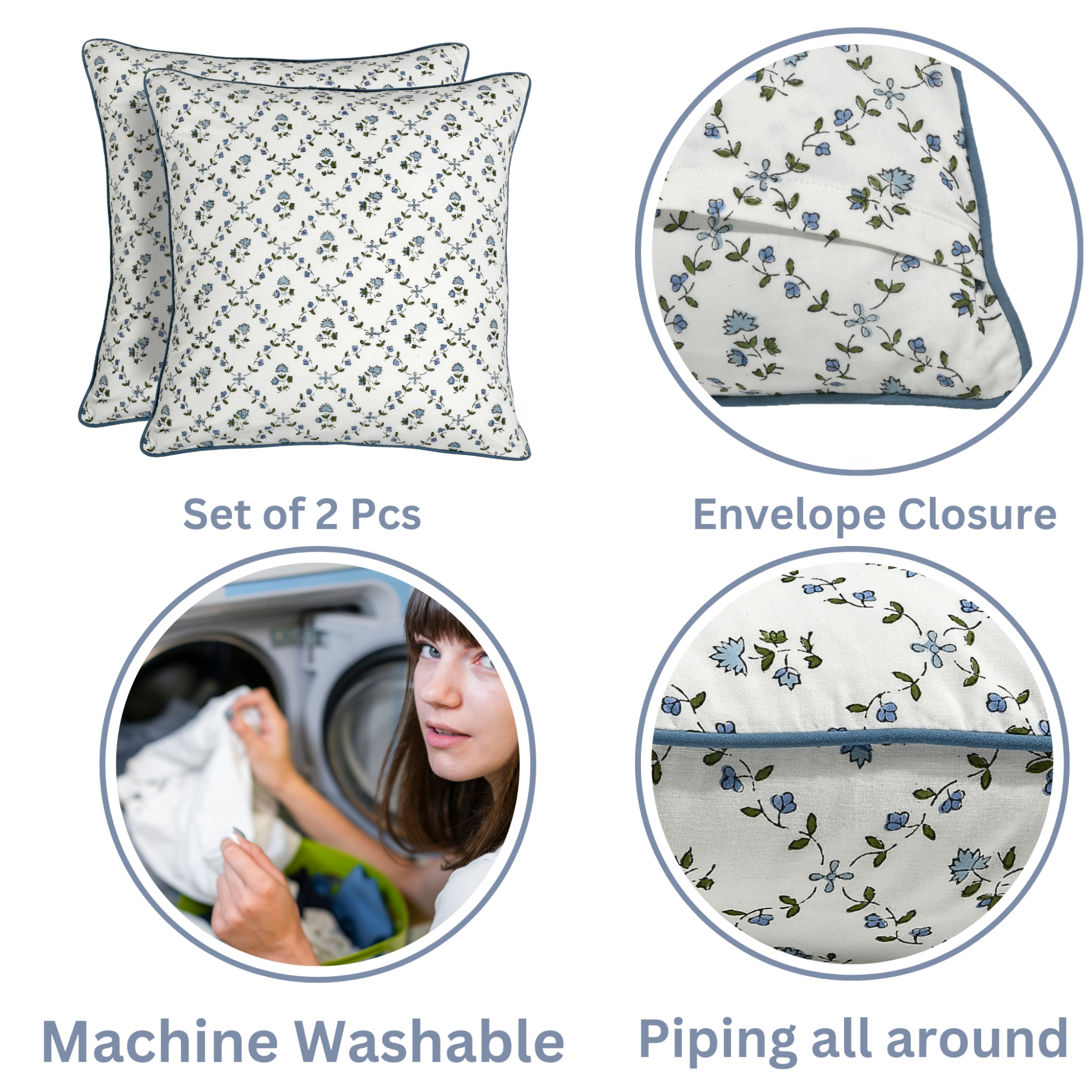 Set of two floral-patterned pillows with envelope closure, machine washable feature, and close-up details.