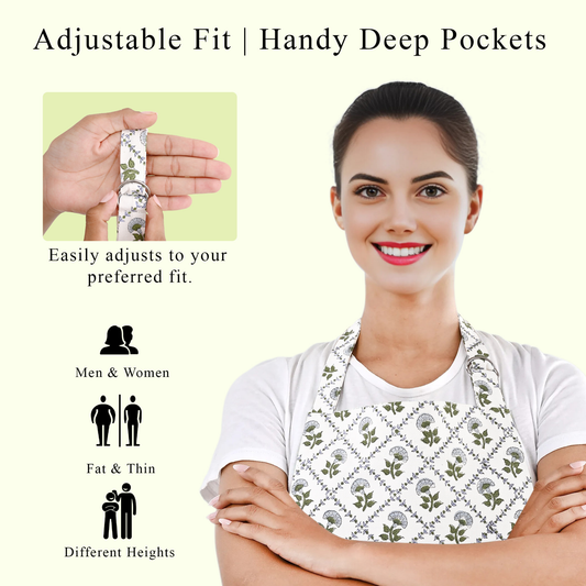 Woman wearing a floral apron with text highlighting adjustable fit and deep pockets.