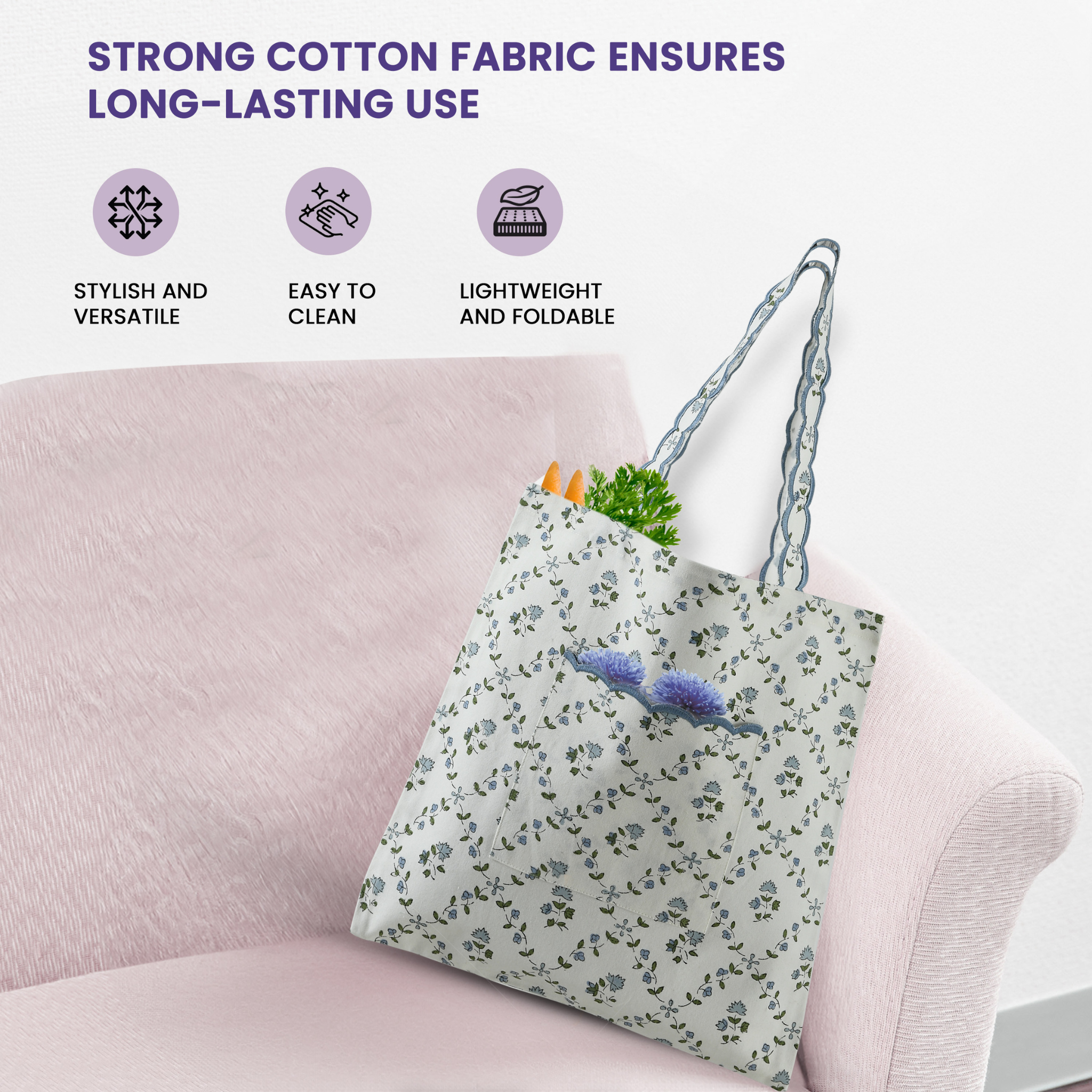 Floral tote bag on a pink couch with text about strong cotton fabric.