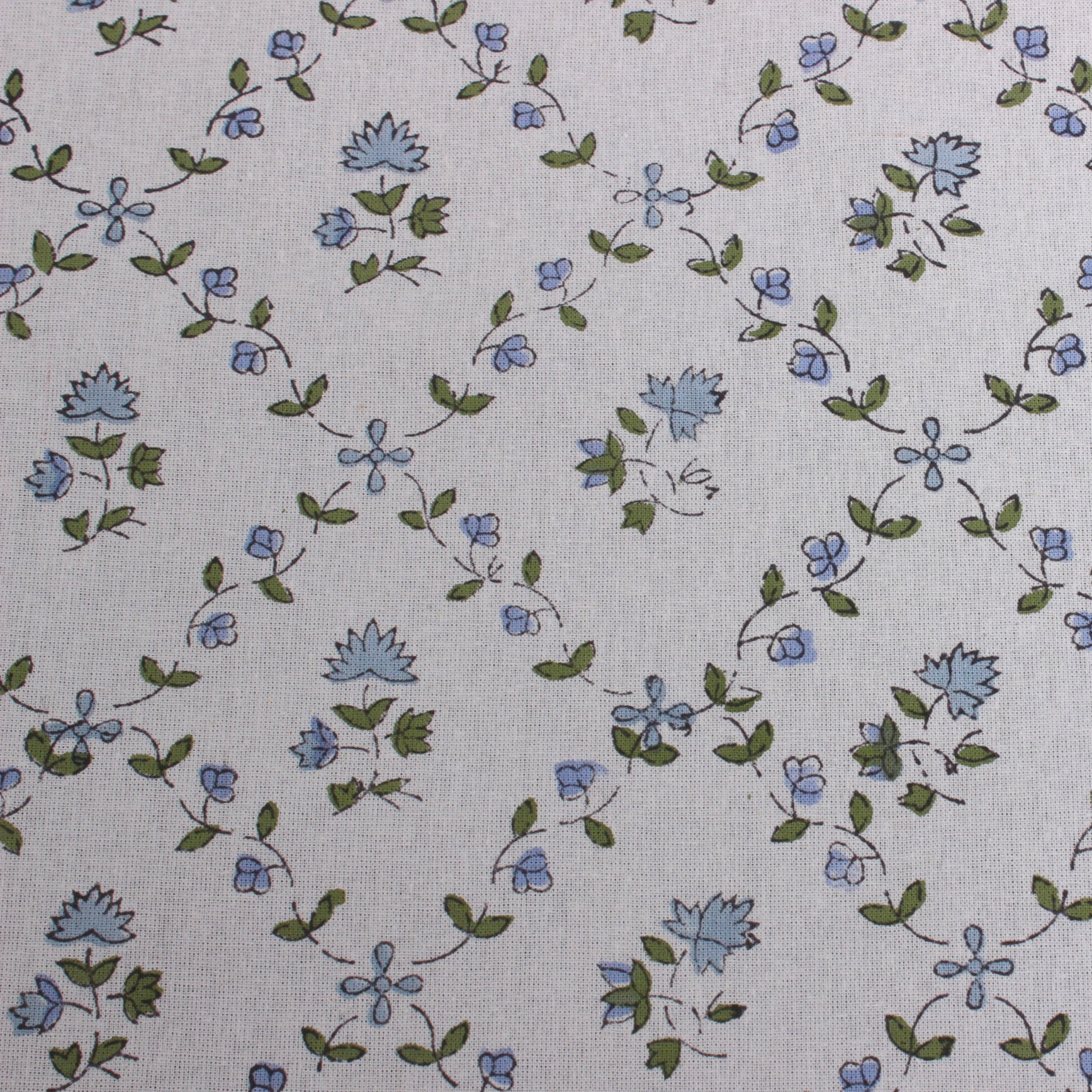 Floral pattern with blue flowers and green leaves on a light gray background