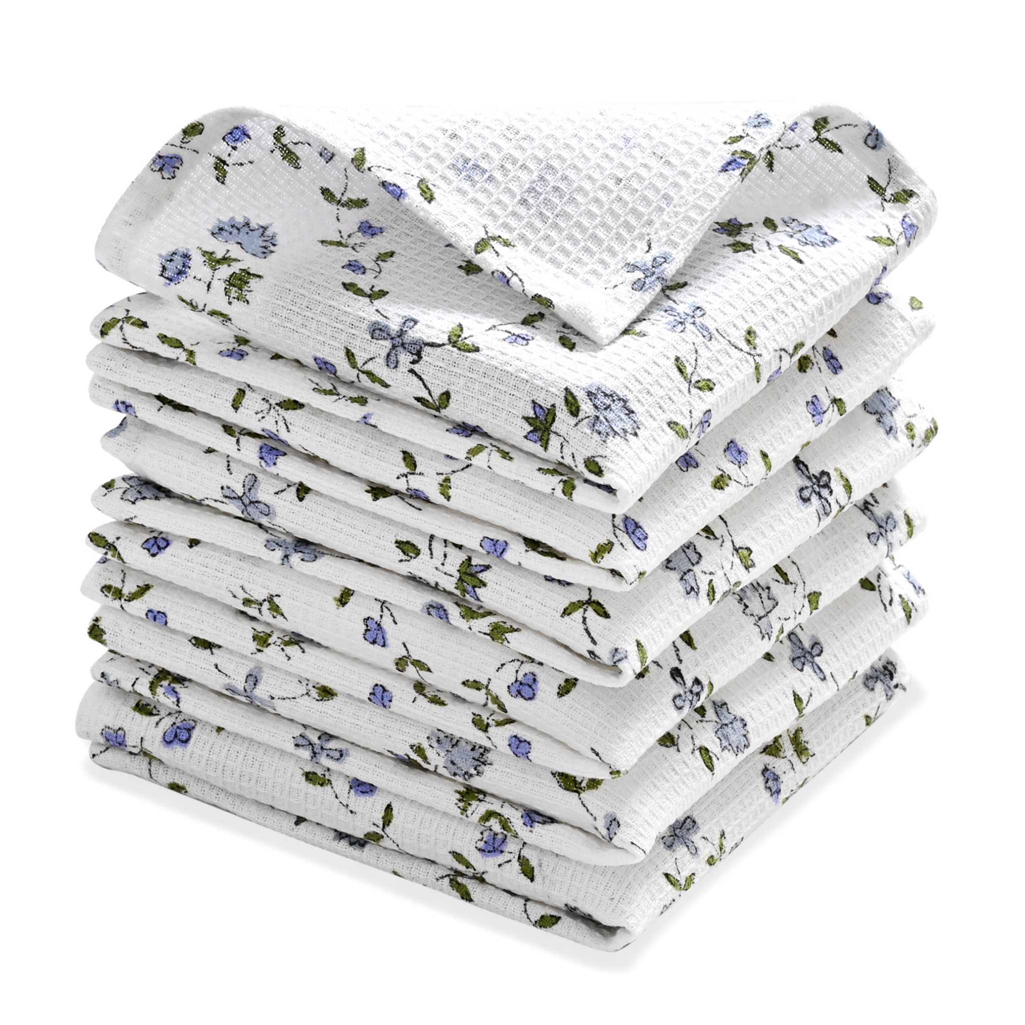 Stack of floral-patterned towels on a white background