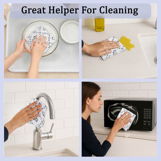 Collage of a person using a cleaning cloth in various kitchen scenarios.