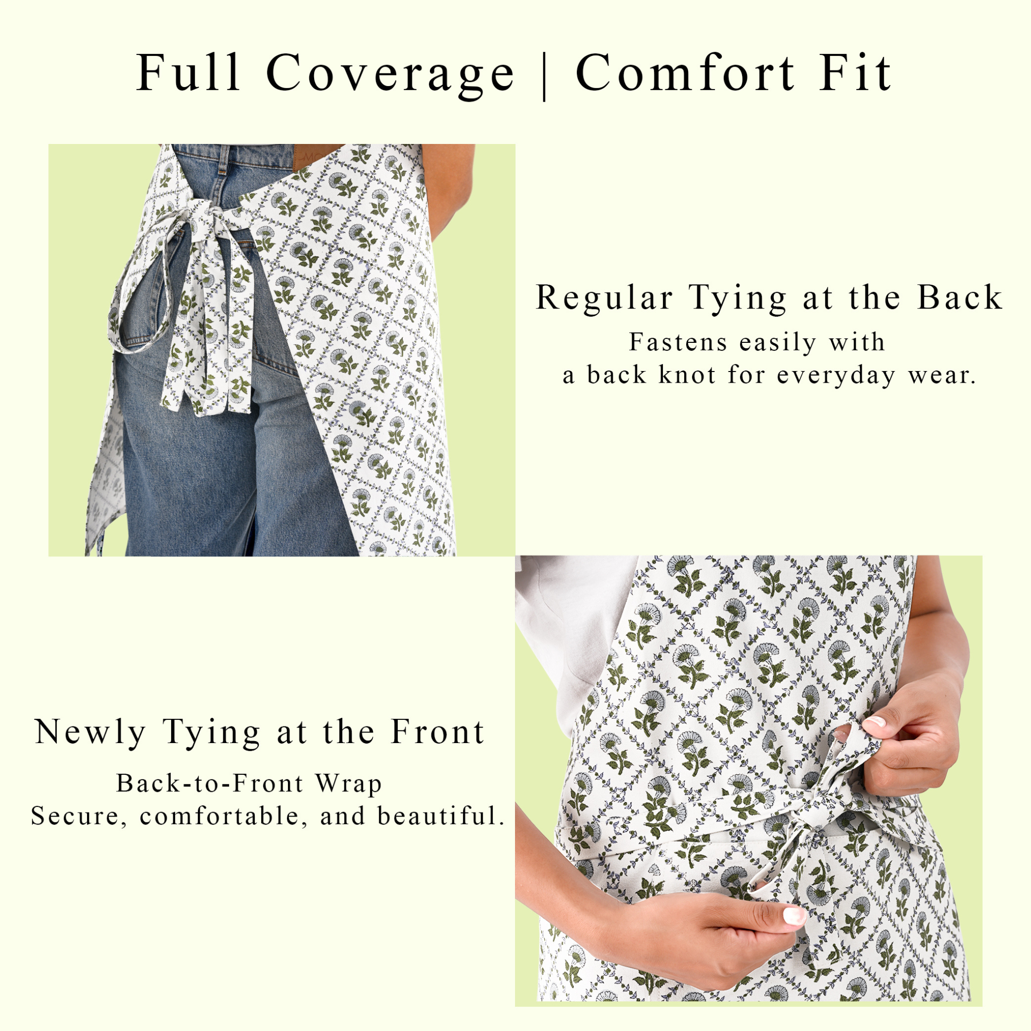 Product with text describing full coverage, comfort fit, and tying methods.