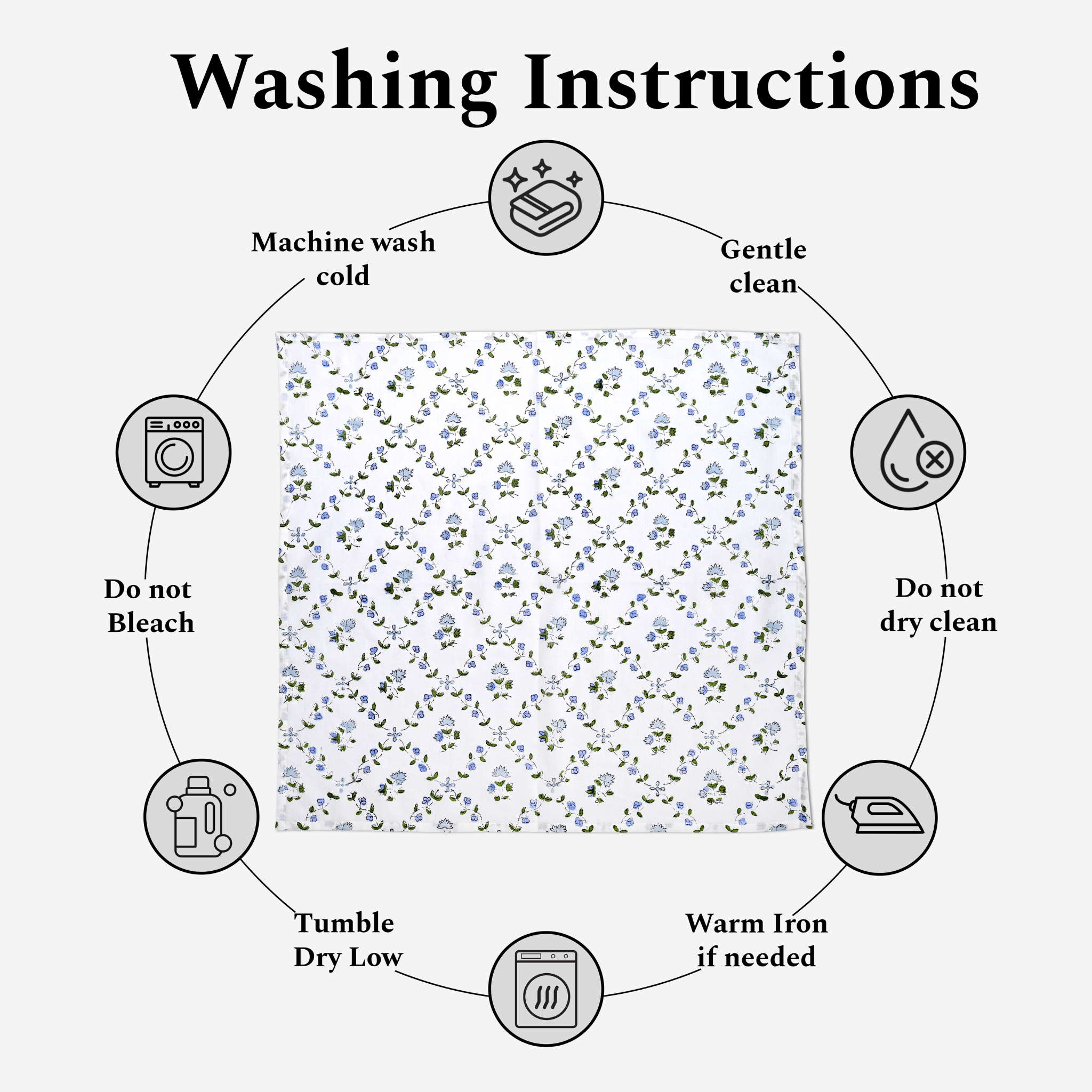 Washing instructions diagram with a floral patterned fabric in the center.