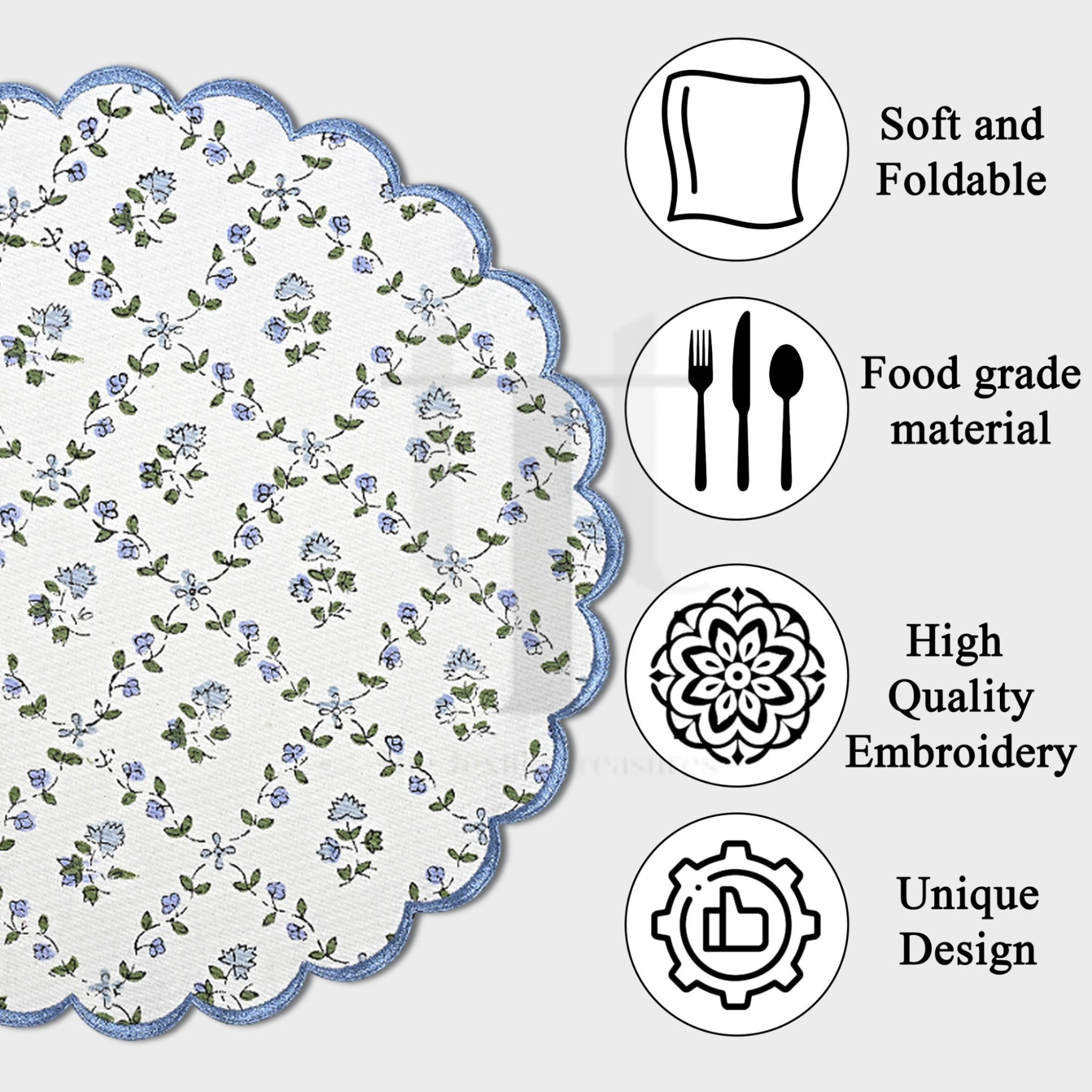 Floral patterned tablecloth with features listed on a gray background