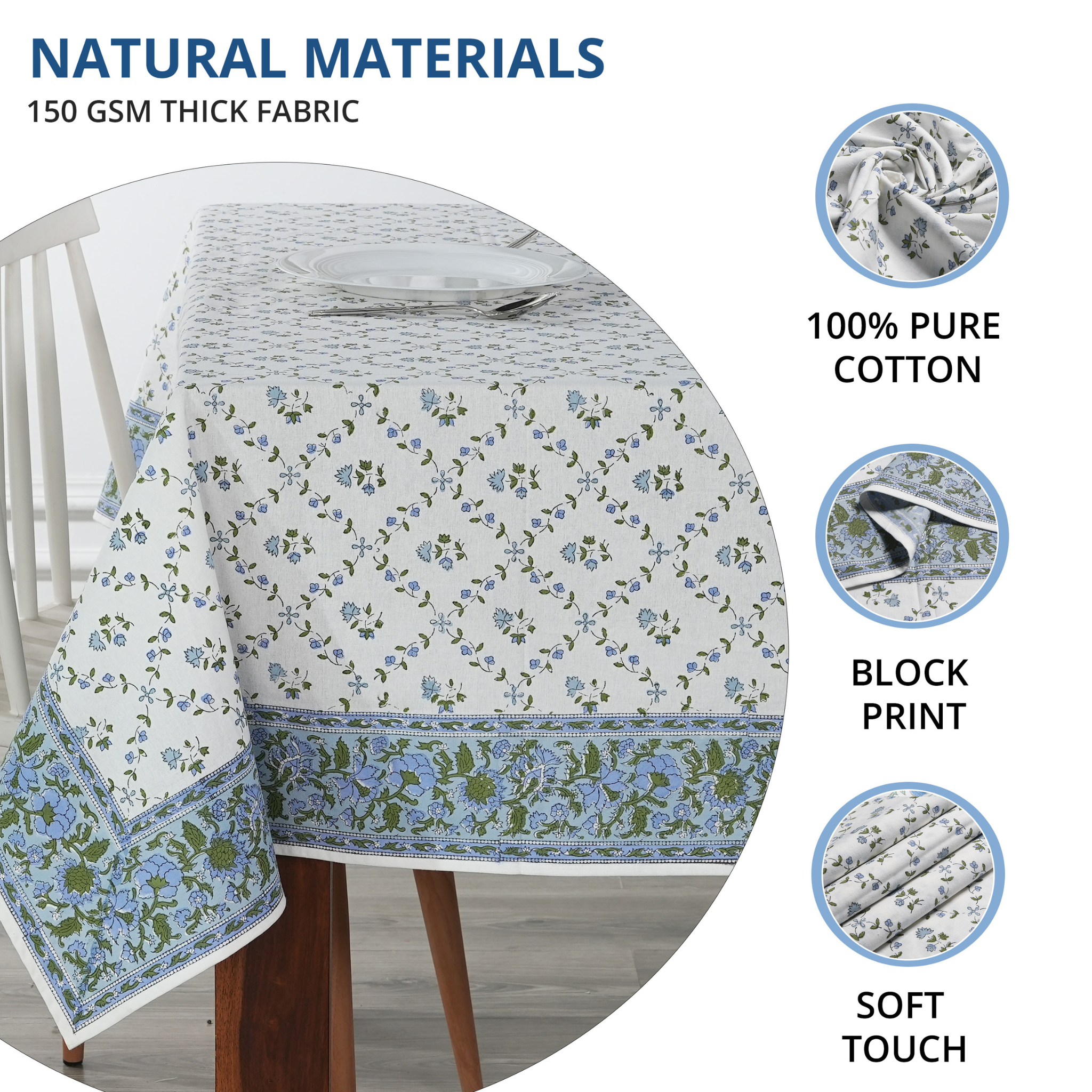 Floral patterned tablecloth on a wooden chair with natural materials text and icons.