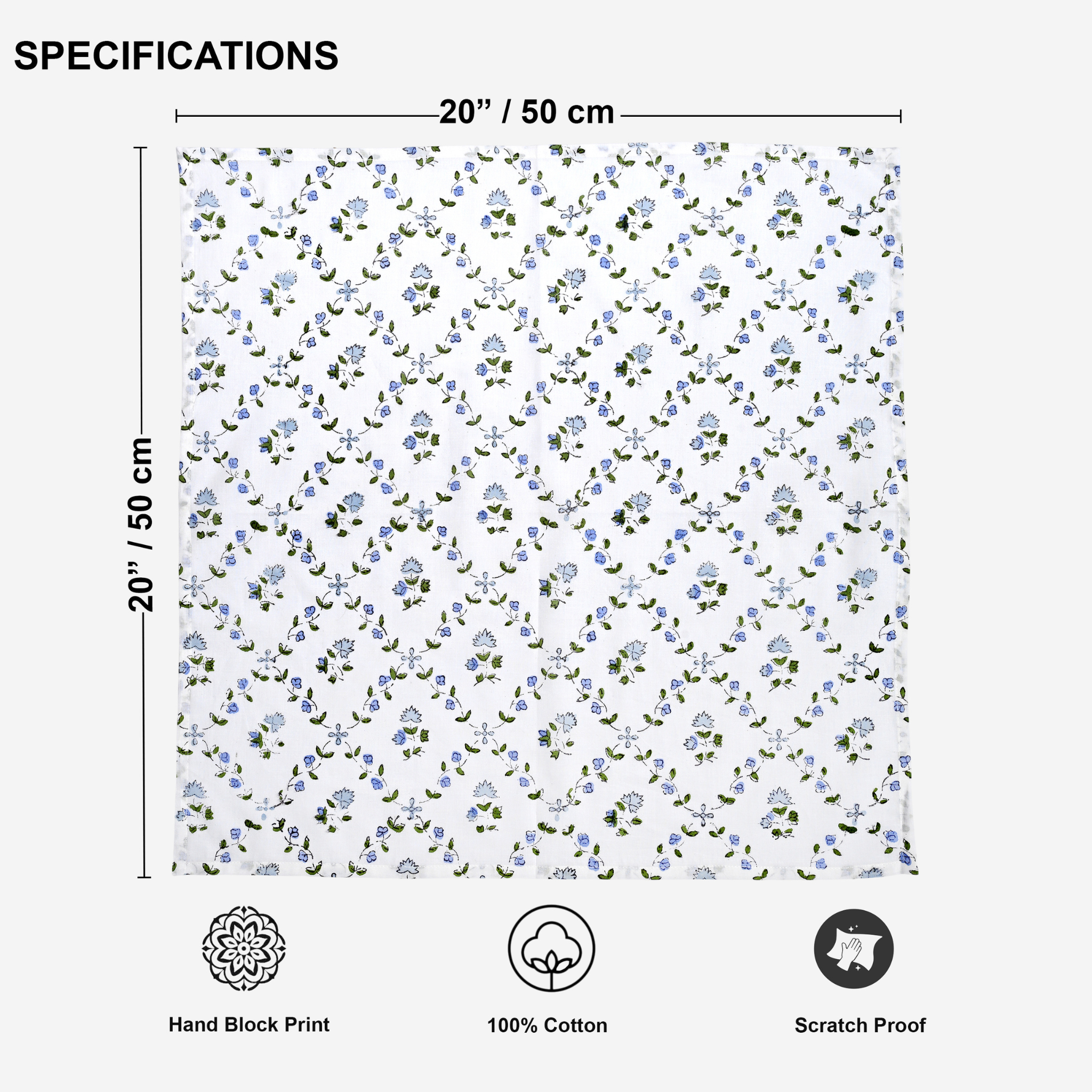 Floral patterned fabric with dimensions and certification icons on a white background