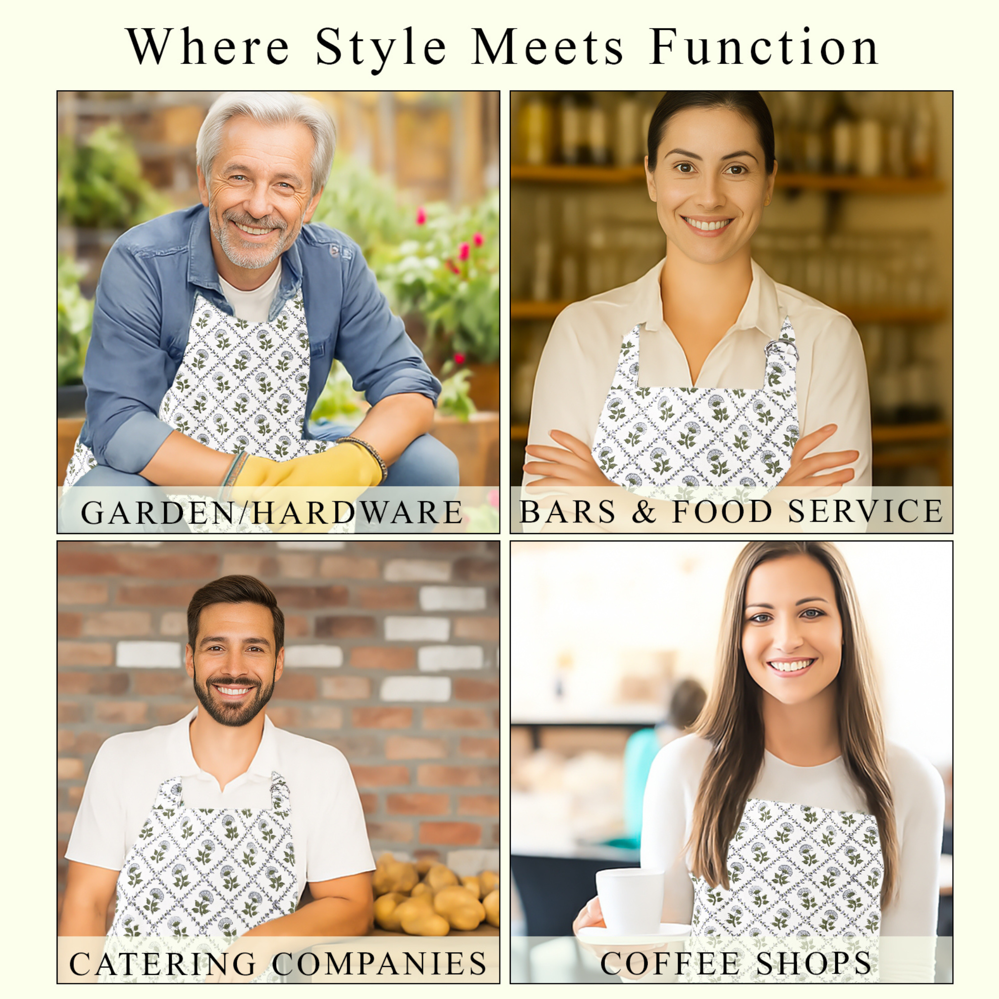 Four people wearing aprons in different settings with text indicating their use cases.