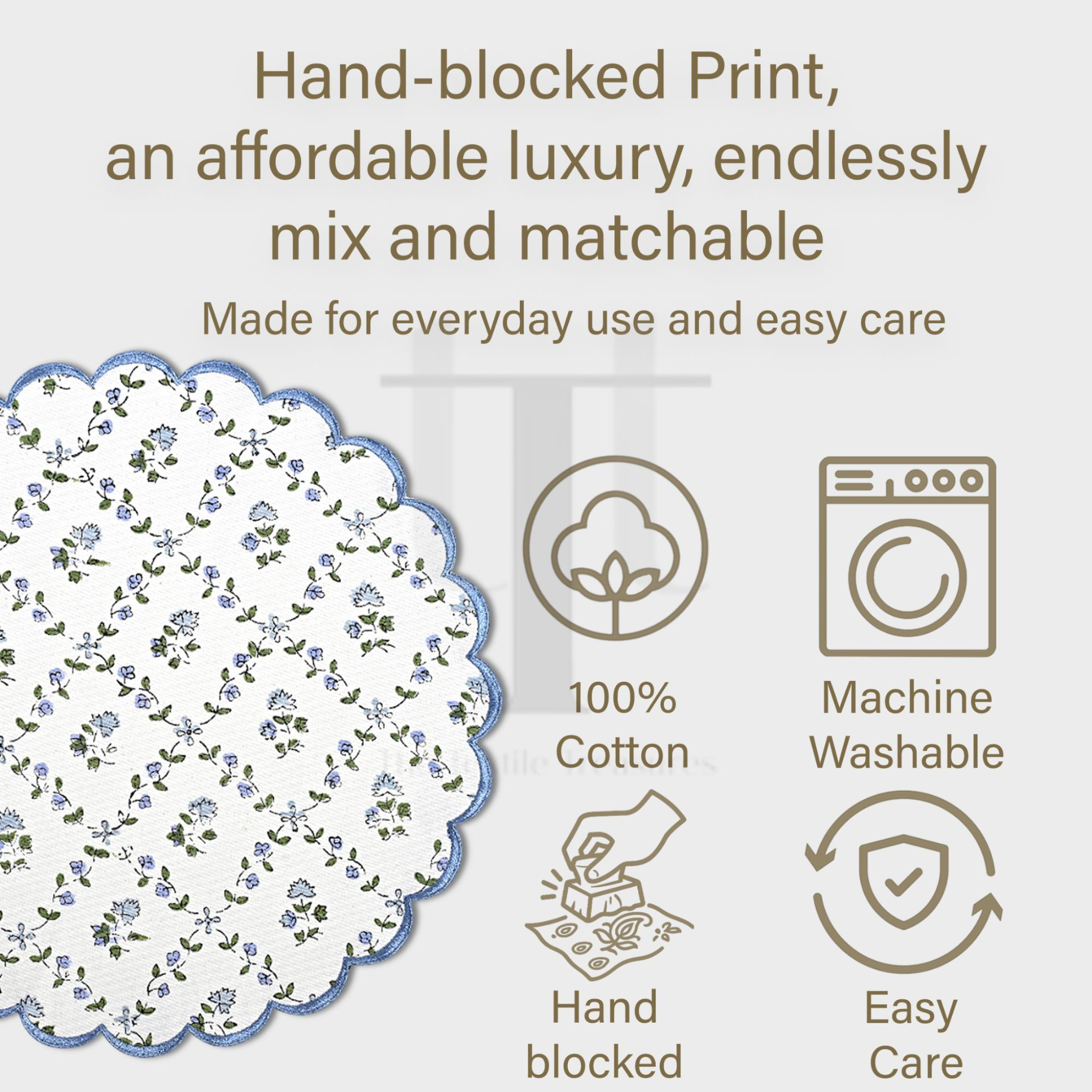 Floral patterned fabric with text and icons indicating hand-blocked print, 100% cotton, machine washable, hand blocked, and easy care.