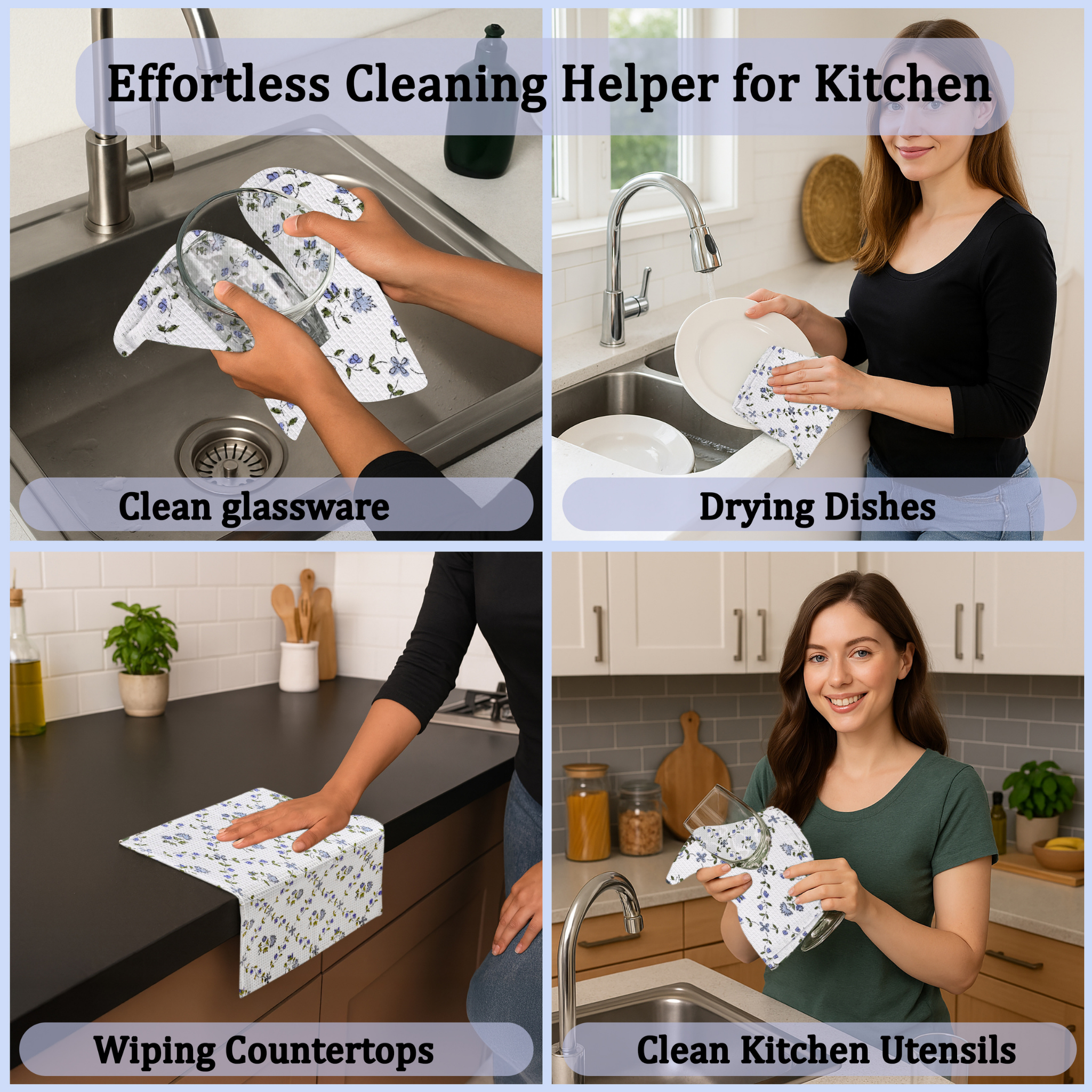 Collage of a woman using a cloth to clean various kitchen items with text indicating its use as an 'Effortless Cleaning Helper for Kitchen'.