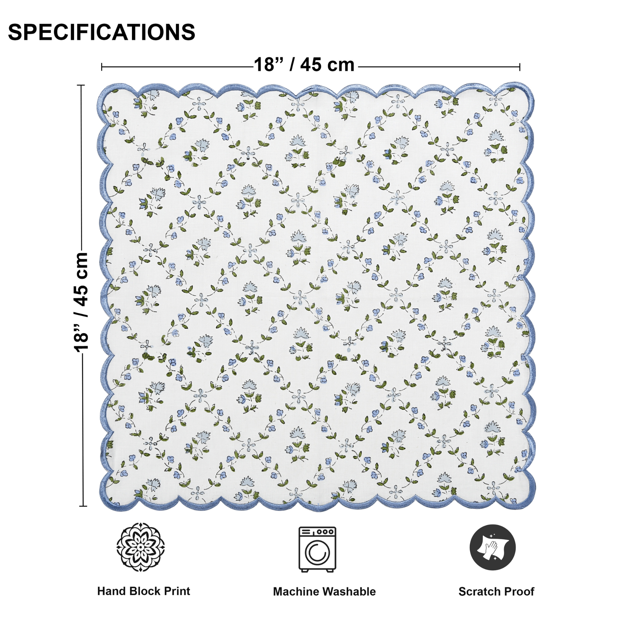 Floral patterned mat with dimensions and care instructions on a white background
