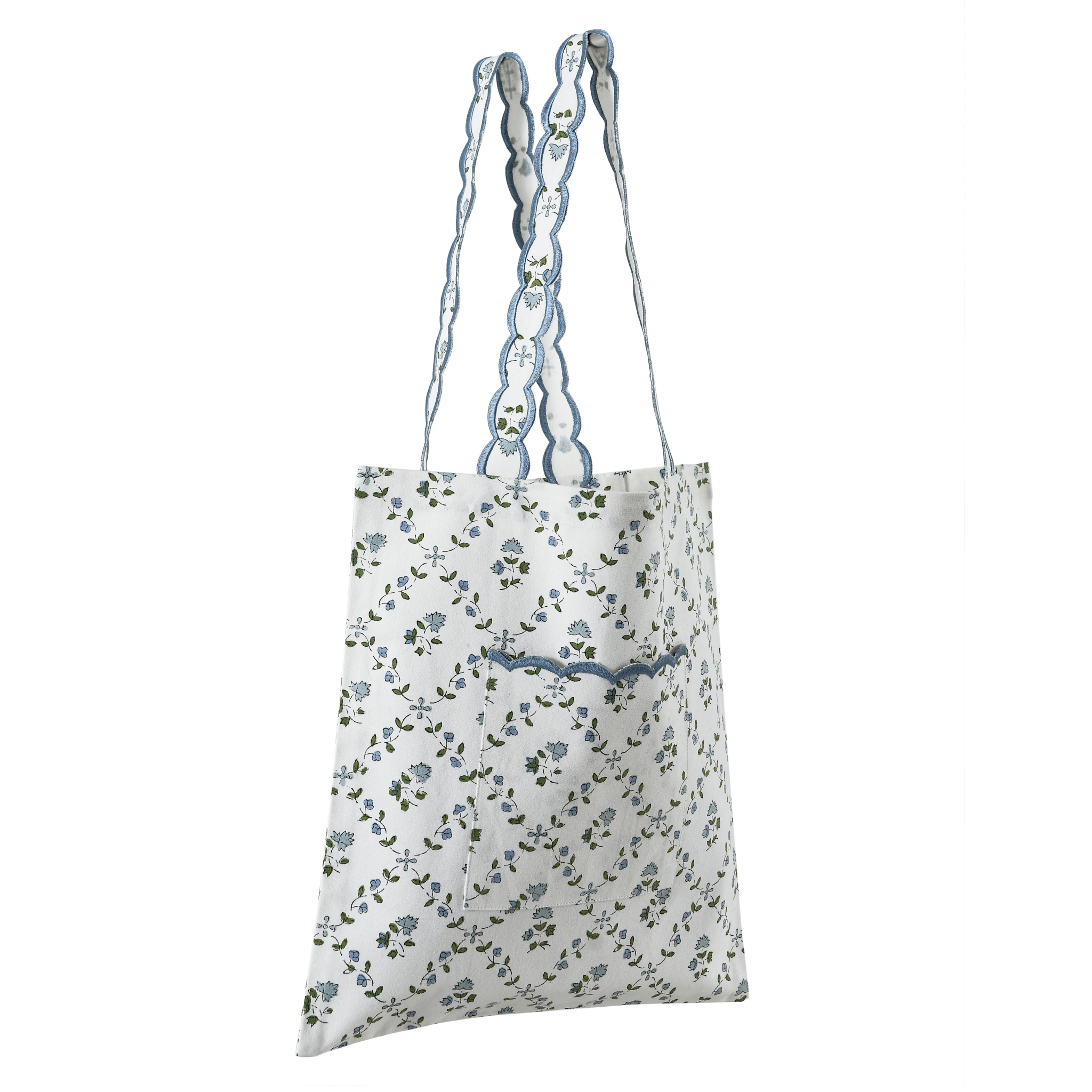 Floral-patterned tote bag with blue accents on a white background