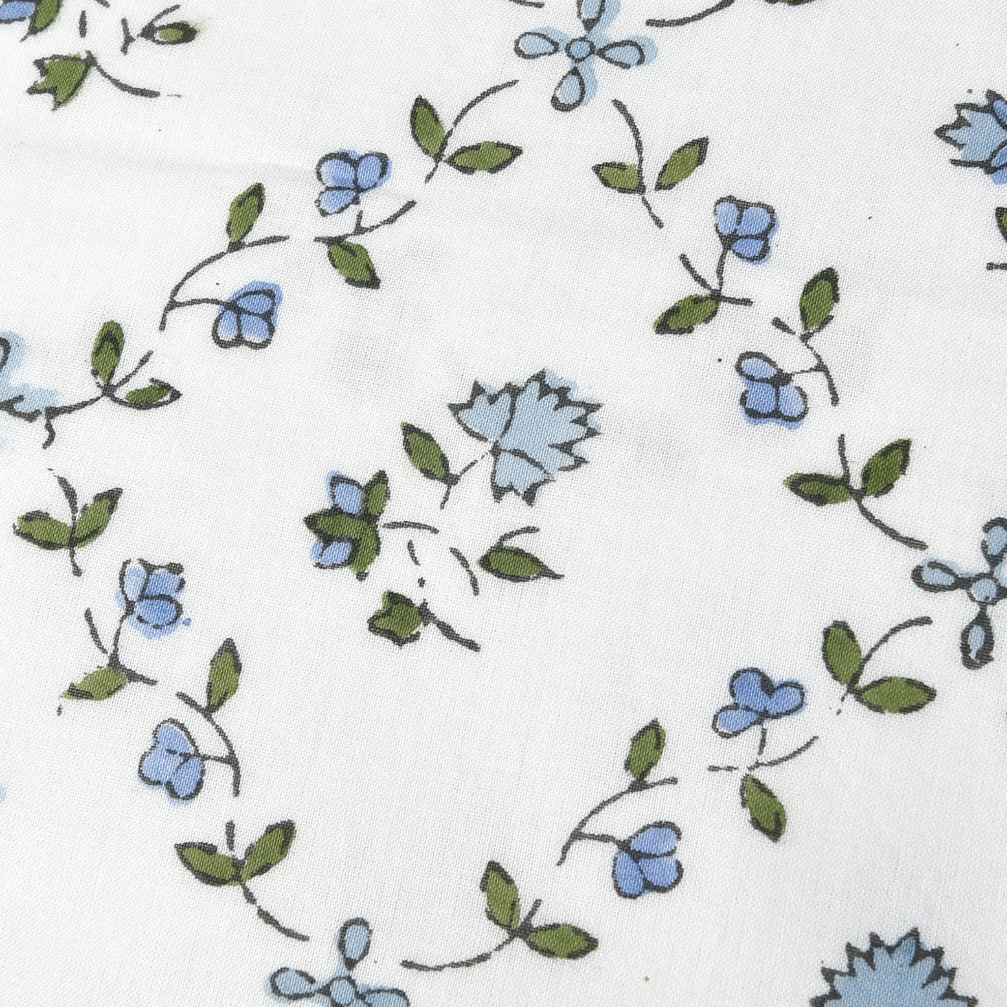 Floral pattern with blue flowers and green leaves on a white background